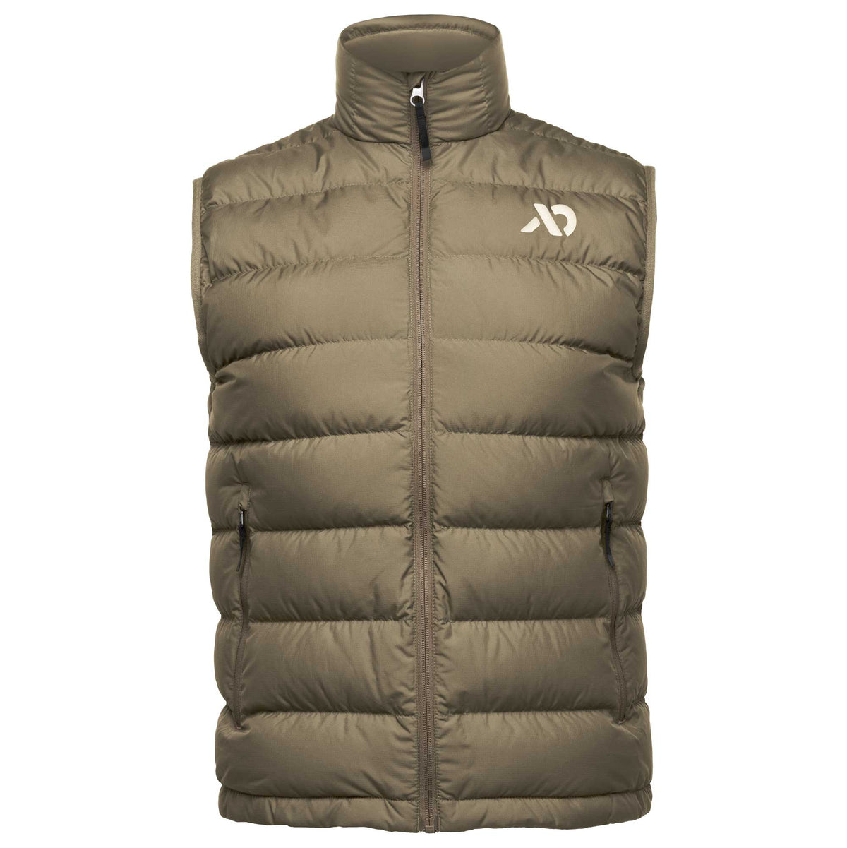 An olive green puffer vest with a high collar and a white stylized logo on the left chest, shown against a plain white background.