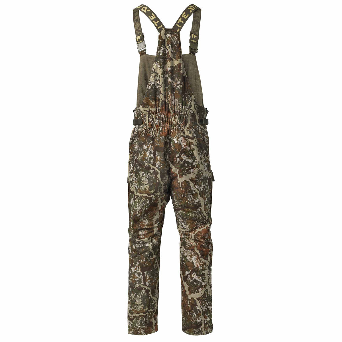 Brown and green camouflage hunting bib overalls with ELITE text on the suspenders and an elasticized back.