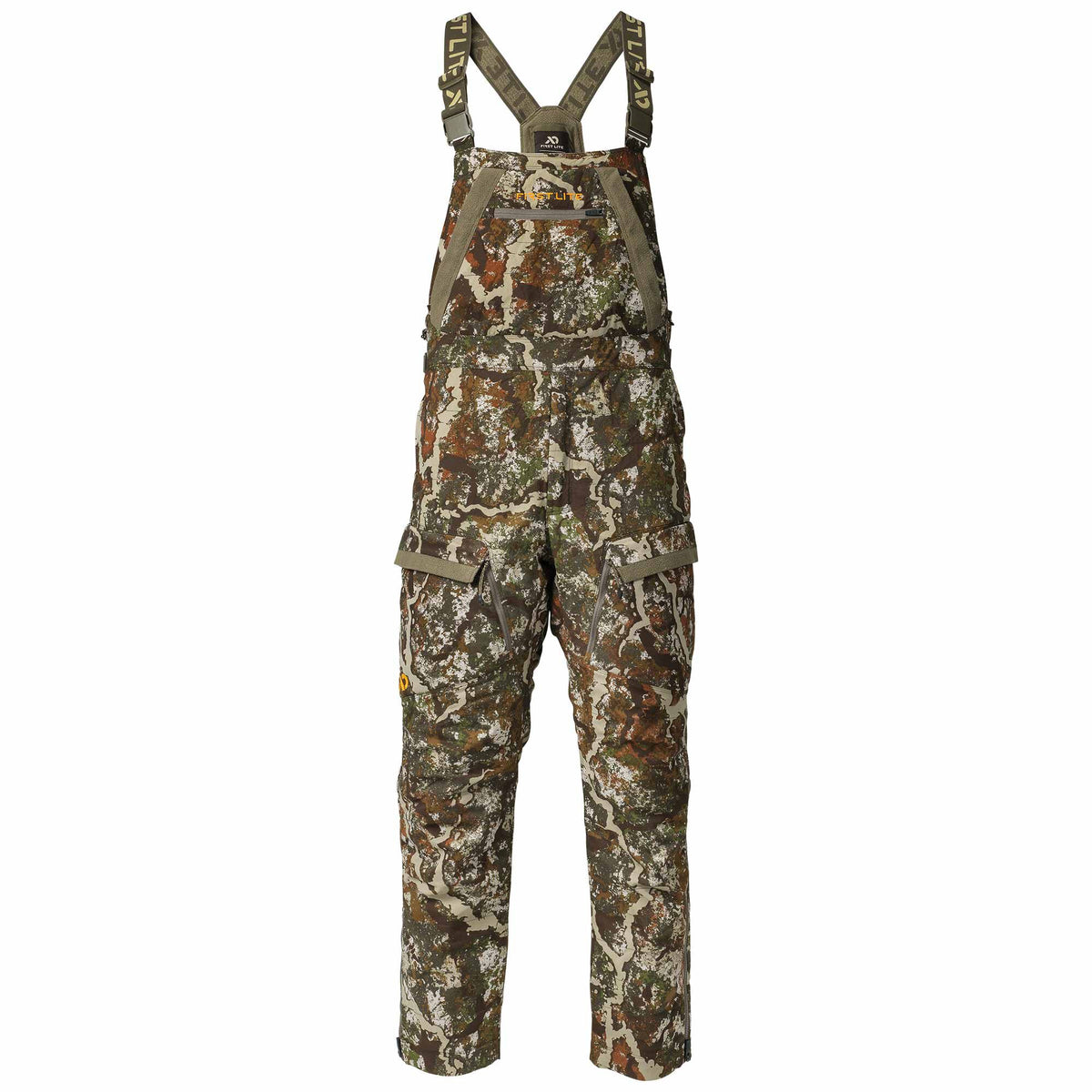 First Lite camouflage hunting bibs with adjustable olive straps, a zippered chest pocket, and two large thigh cargo pockets.
