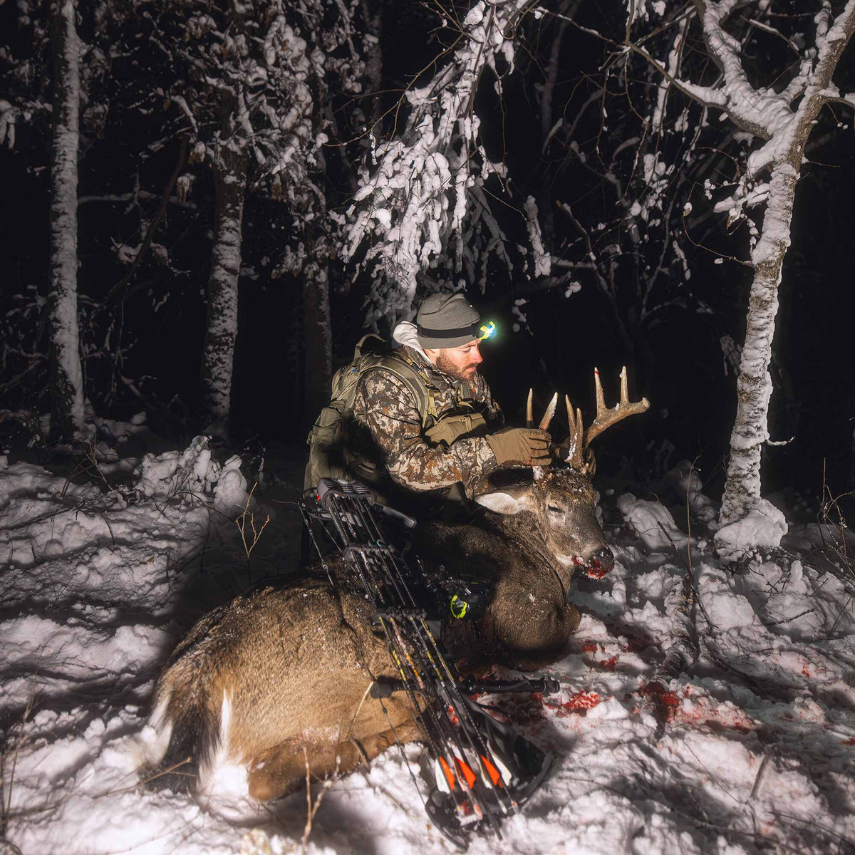 A hunter in camouflage and a green-glowing headlamp kneels by a harvested antlered buck and a compound bow in a snowy night forest.