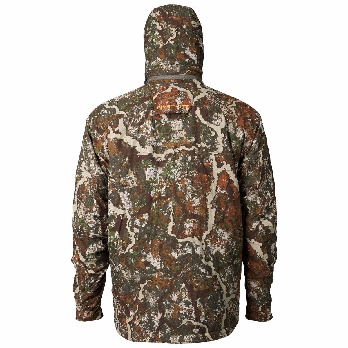 Rear view of a hooded jacket in a multi-color camouflage pattern, featuring an orange 'First Lite' logo on the upper back.