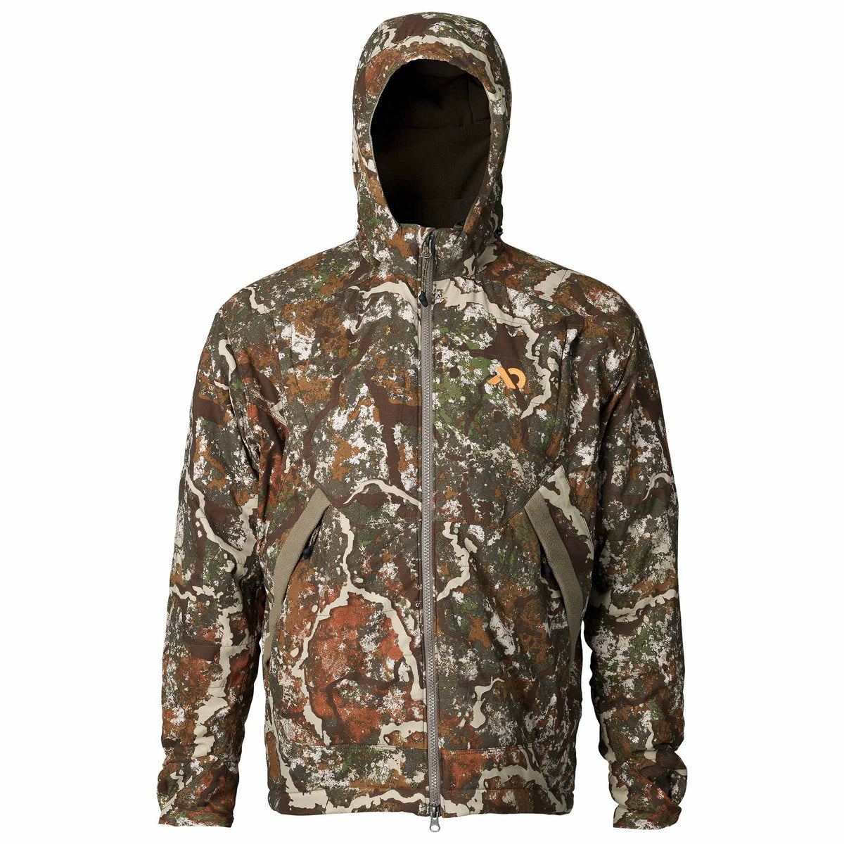 Camouflage hooded jacket with a full zipper, angled chest pockets, and an orange logo on the left chest.