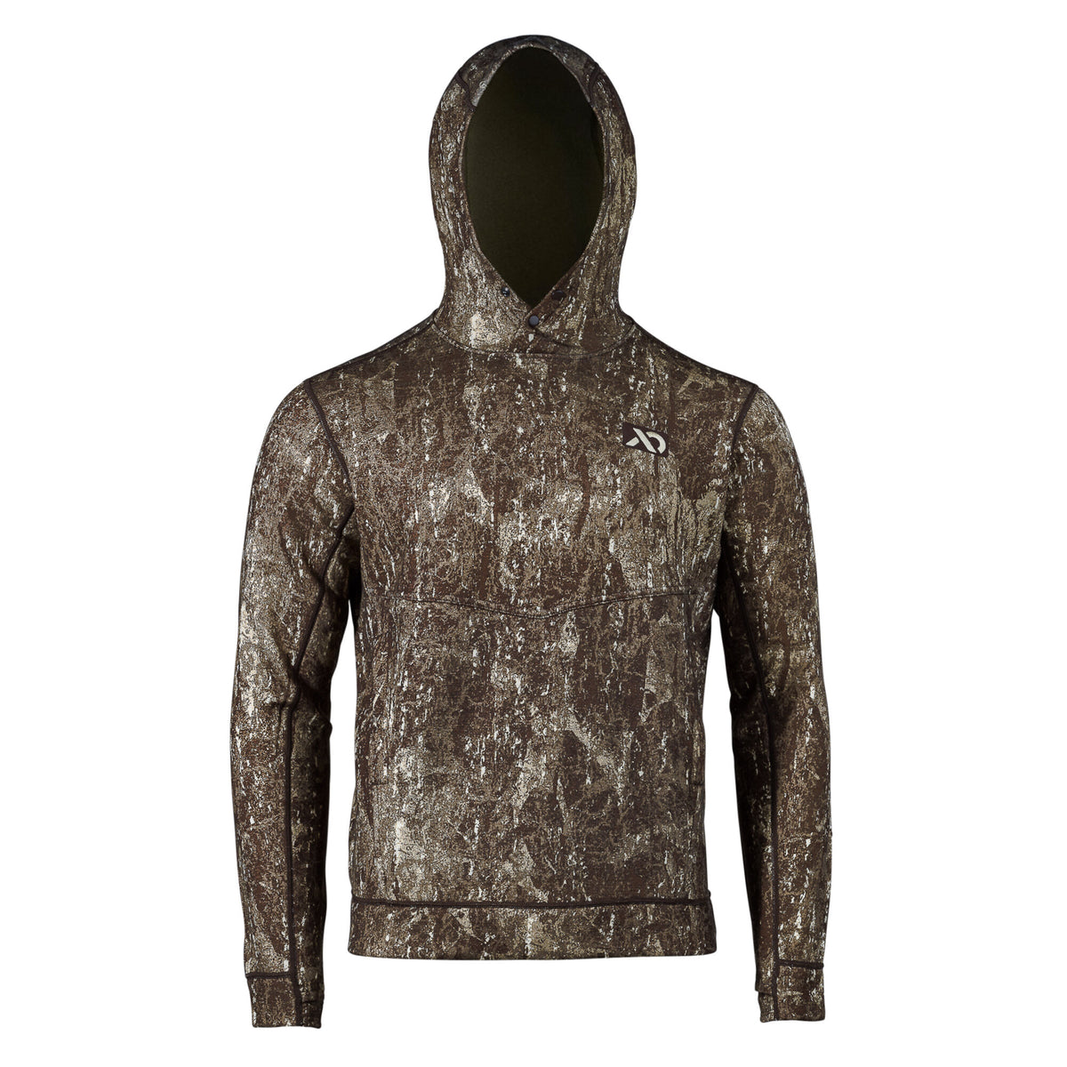 Mottled brown and tan camouflage long-sleeve hoodie with a chest logo and two-button hood placket.