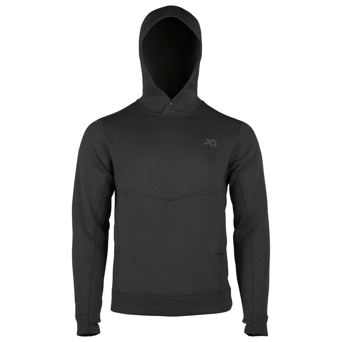 Dark gray hoodie with a snap button placket, V-shaped chest seam, subtle left chest logo, and thumbhole cuffs.