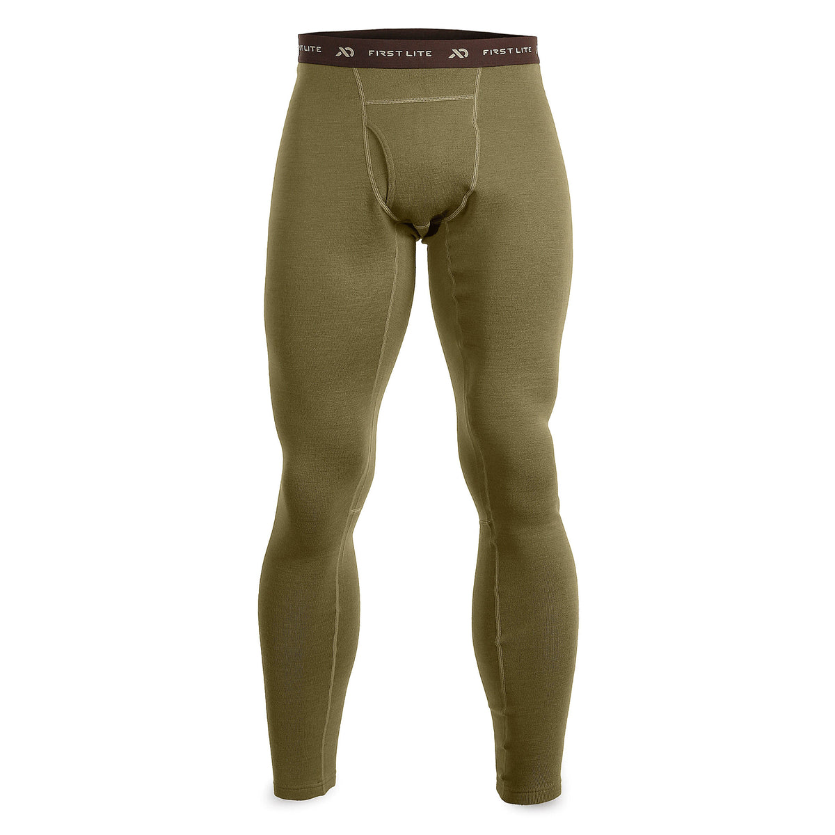 Olive green First Lite base layer bottoms with a branded elastic waistband, front fly, and contrast stitching.