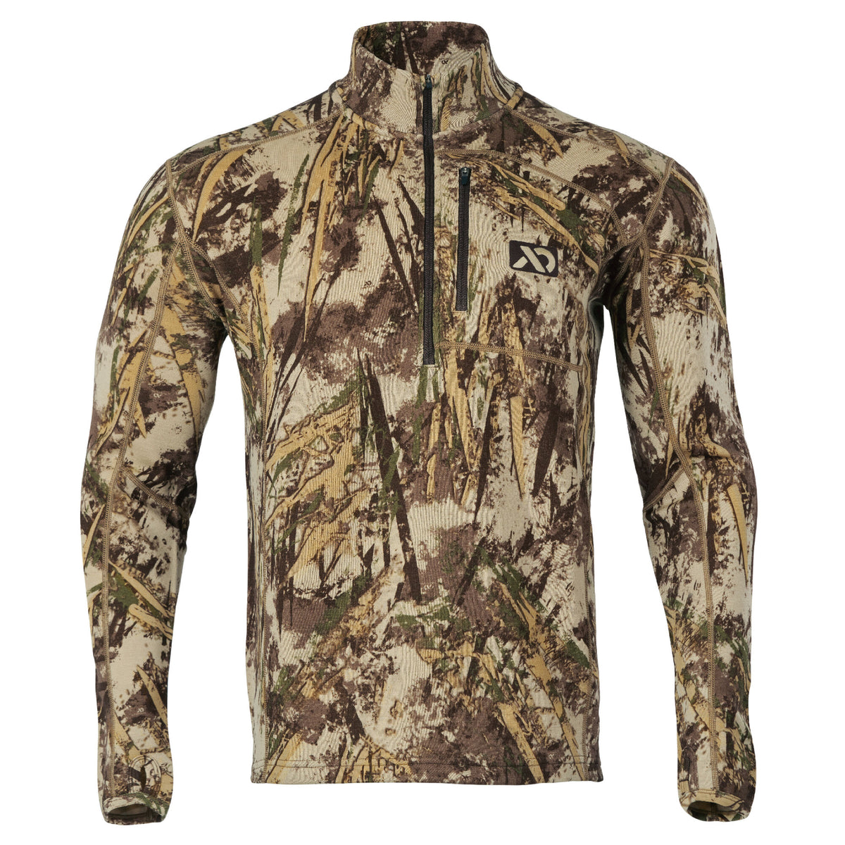 Marsh camouflage 1/4 zip long-sleeve shirt with a black chest logo, small zip pocket, and thumbholes.