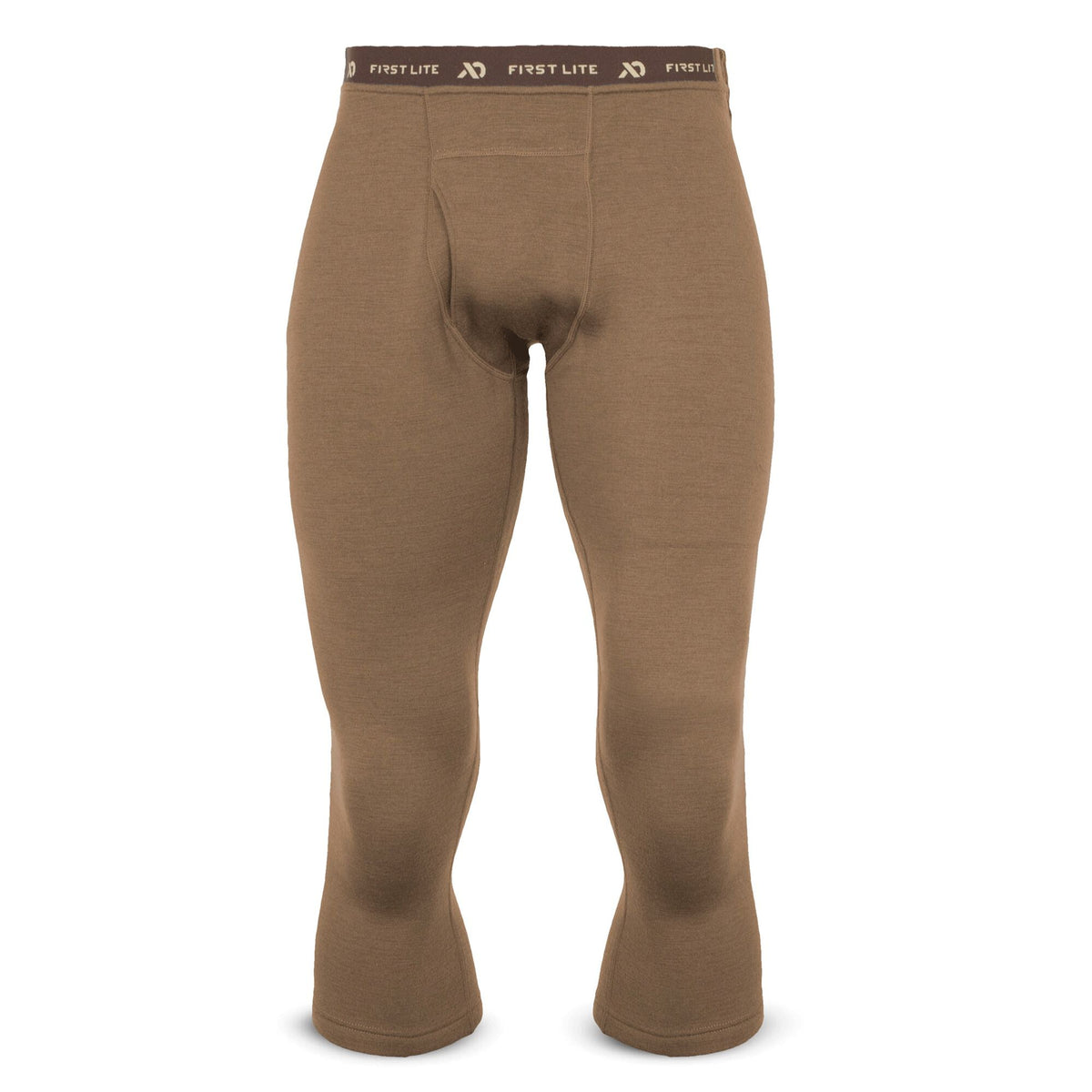 Brown 3/4 length First Lite base layer bottoms with branded waistband and fly.