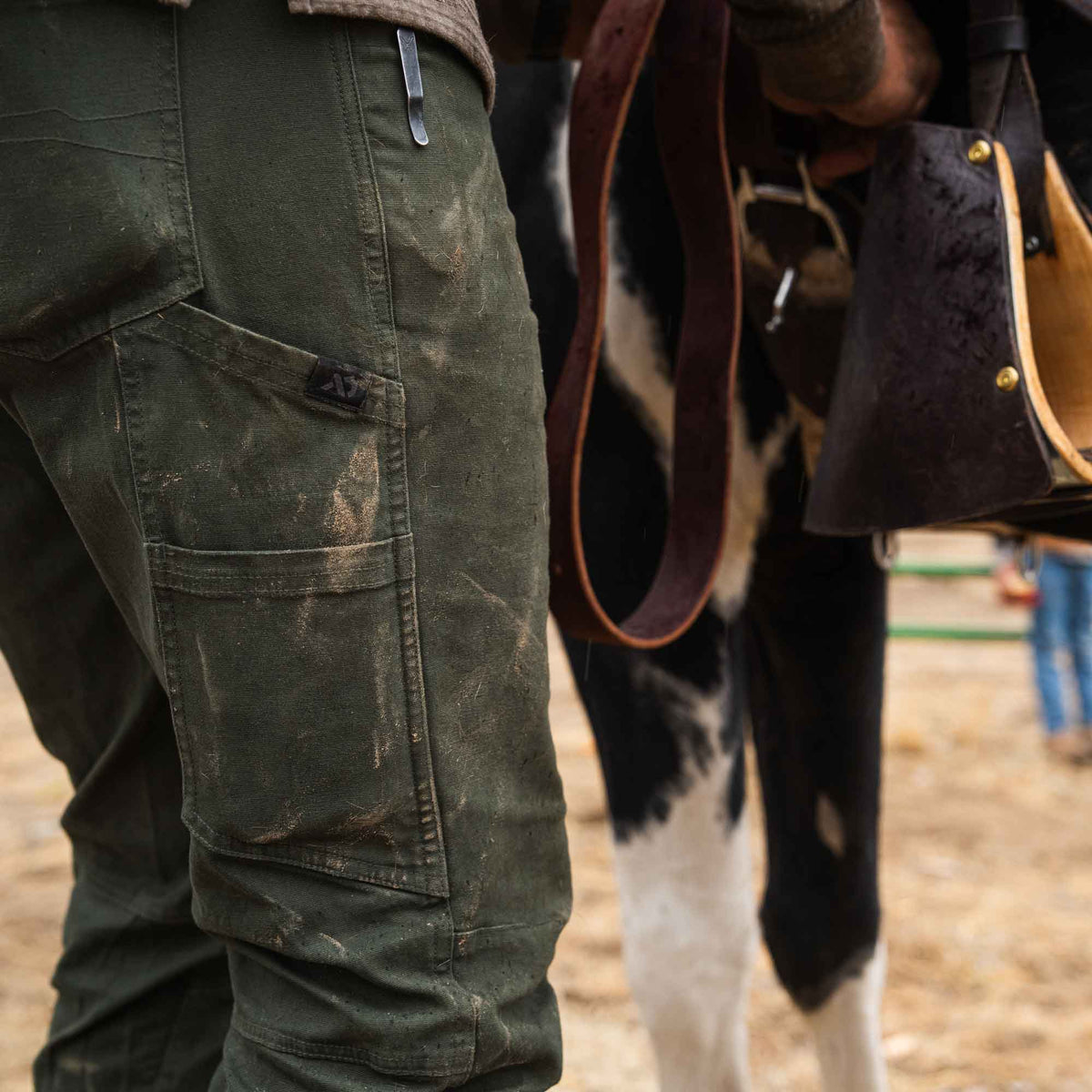 Person wearing green pants with a horse in the background