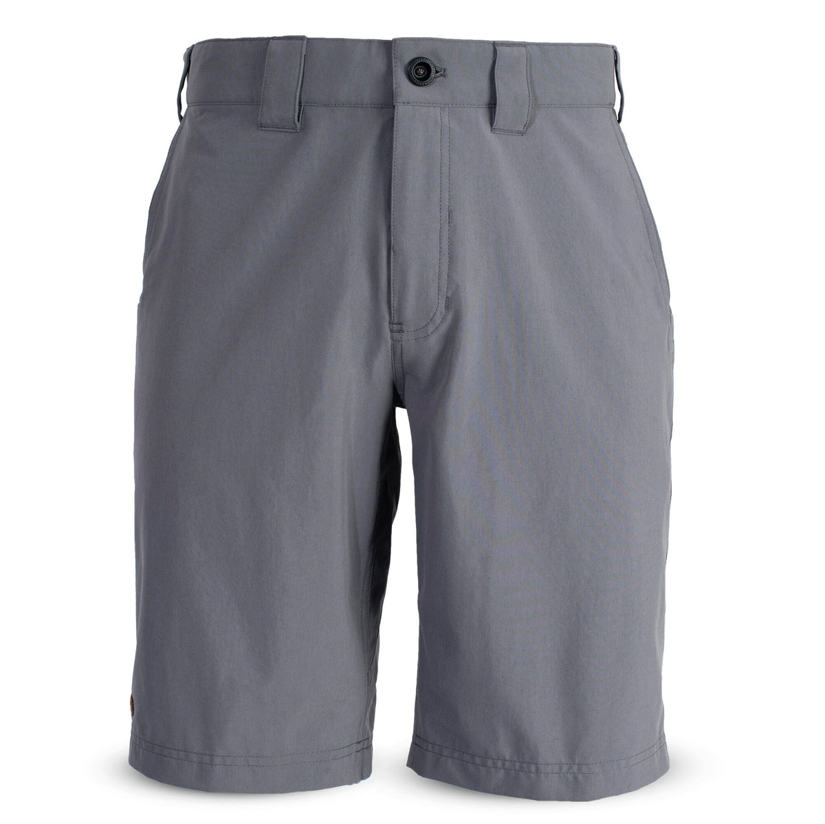 Gray shorts with a front button closure, belt loops, and a small orange tag on the left leg.