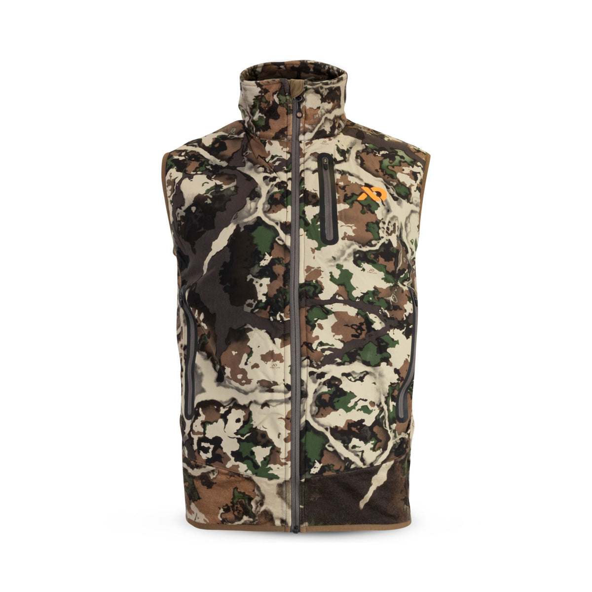 First Lite hunting vest in a brown, green, and tan camouflage pattern, featuring a full-zip front, high collar, orange logo, and zippered chest and hand pockets.