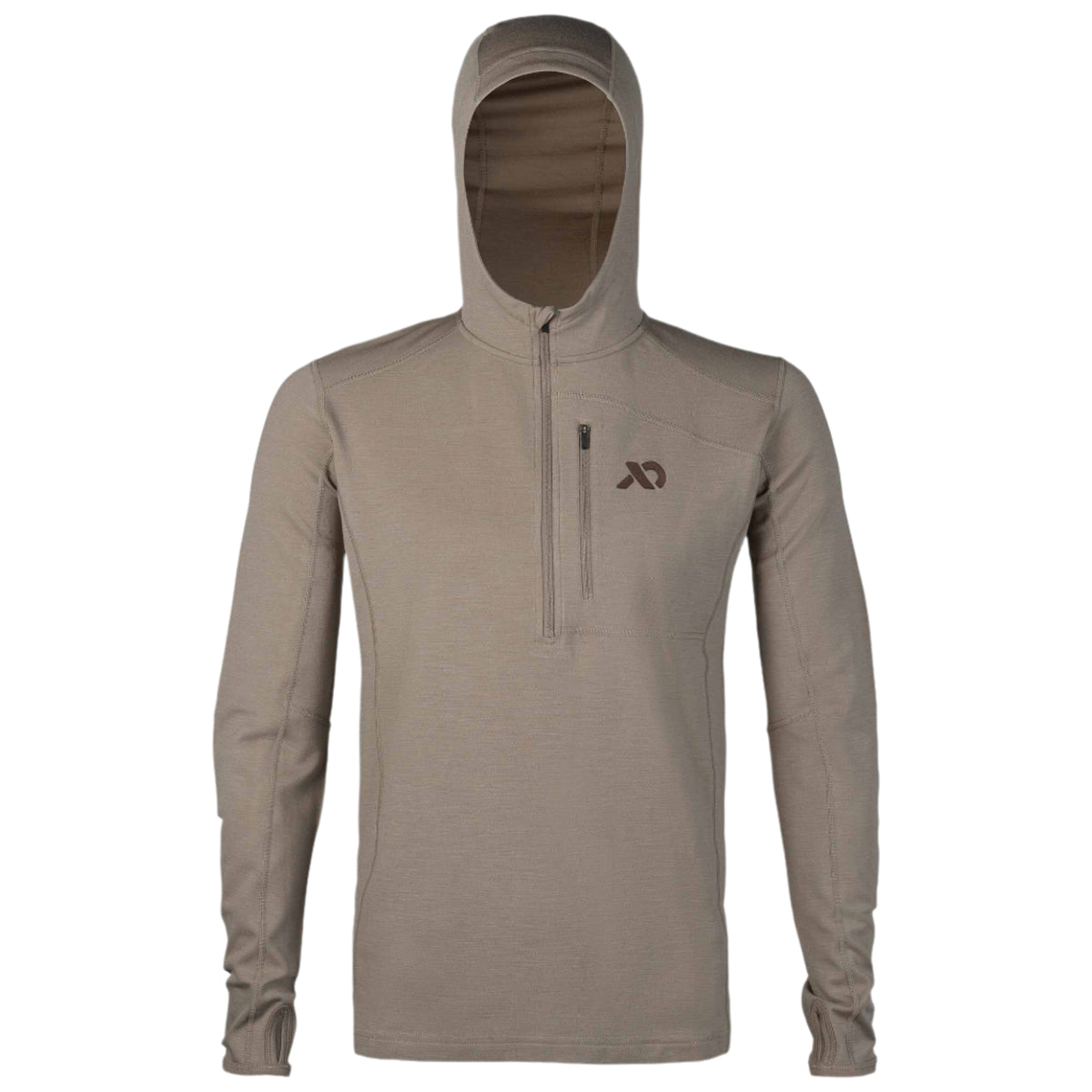 Tan hooded long-sleeve shirt with a quarter-zip, zippered chest pocket, logo, and thumbholes.