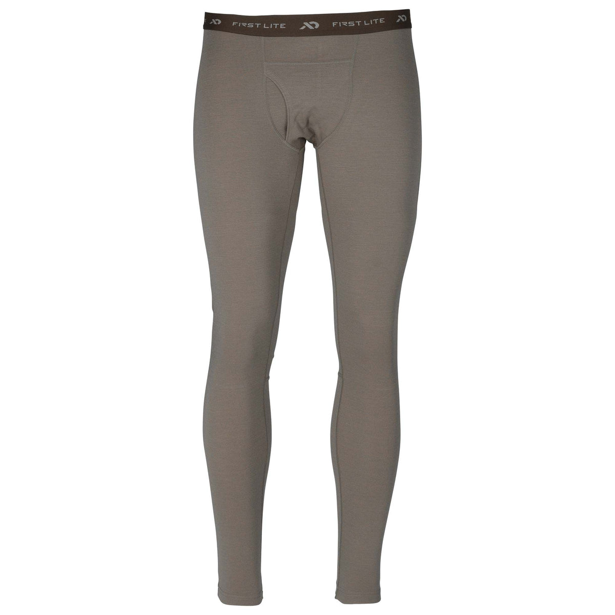 Taupe men's First Lite thermal leggings with an elastic branded waistband and a fly.