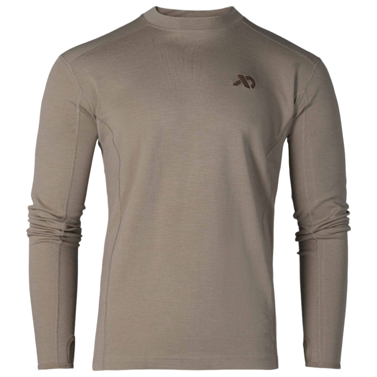 Taupe long-sleeve base layer top with a crew neck, visible flatlock seams, thumbholes, and a dark brown logo on the left chest.