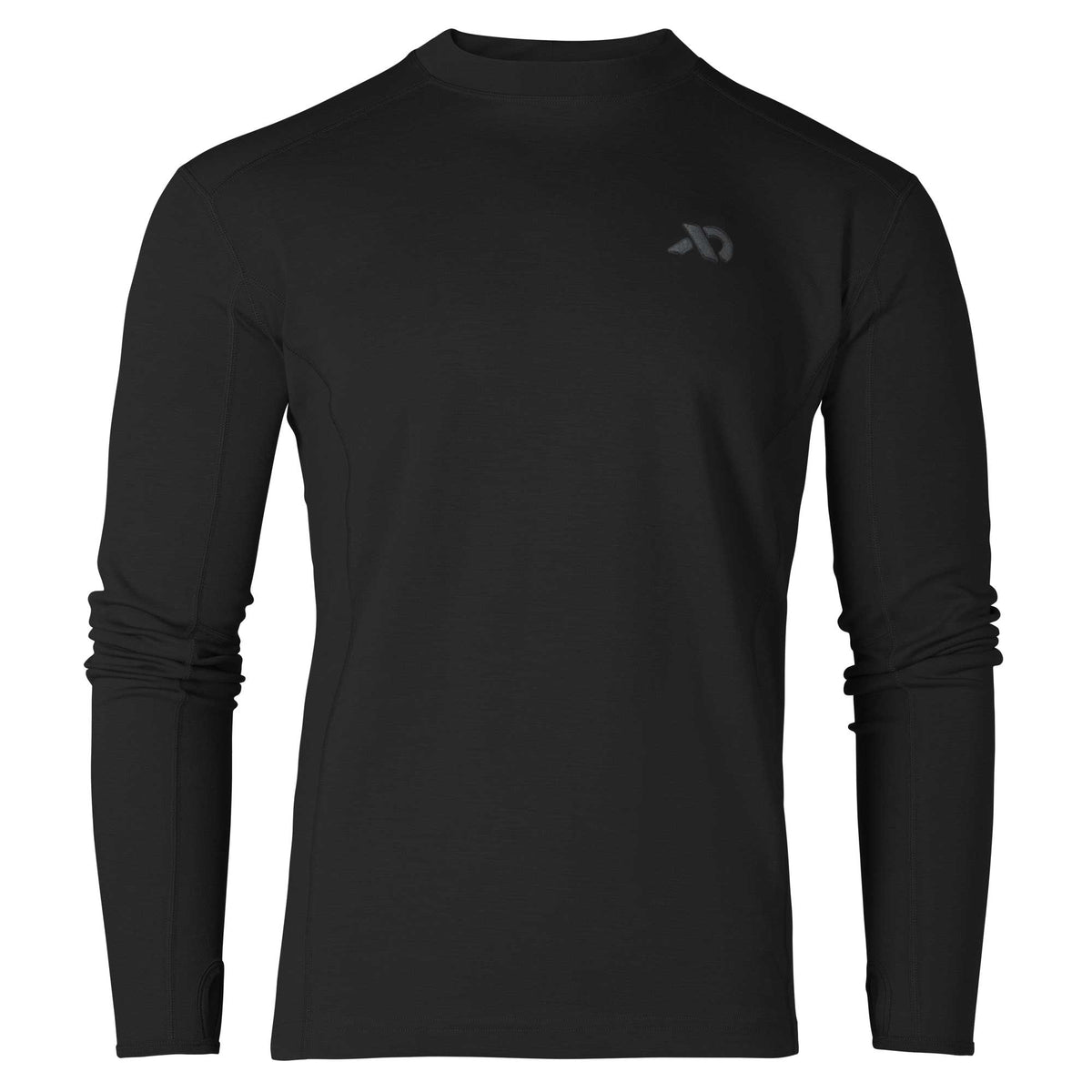 Black long-sleeve performance shirt with a mock neck, grey chest logo, raglan sleeves, and thumbholes.