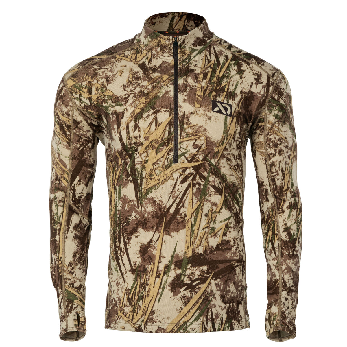 Long-sleeve quarter-zip shirt in a brown, tan, and green camouflage pattern, featuring a black zipper, stand-up collar, thumbholes, and a chest logo.