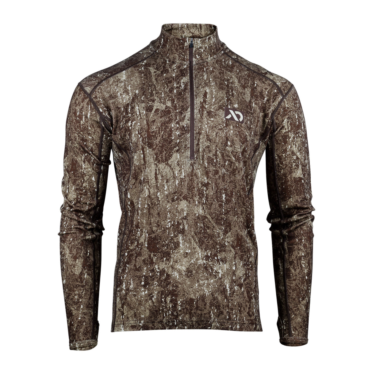 Brown, green, and white camouflage long-sleeve quarter-zip shirt with a stand-up collar and white chest logo.