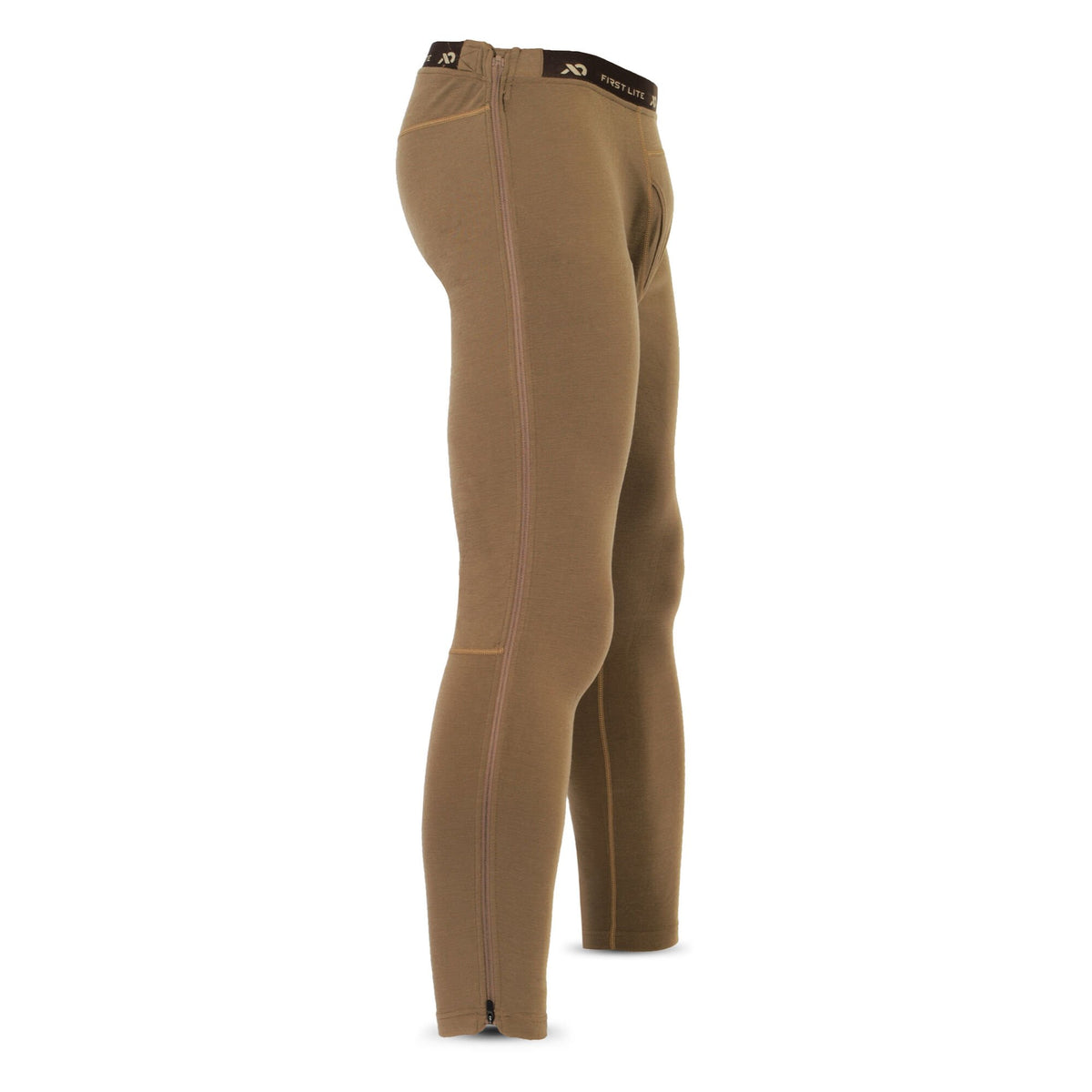 Coyote brown base layer leggings with full-length side zippers, ankle zippers, and a First Lite branded elastic waistband.