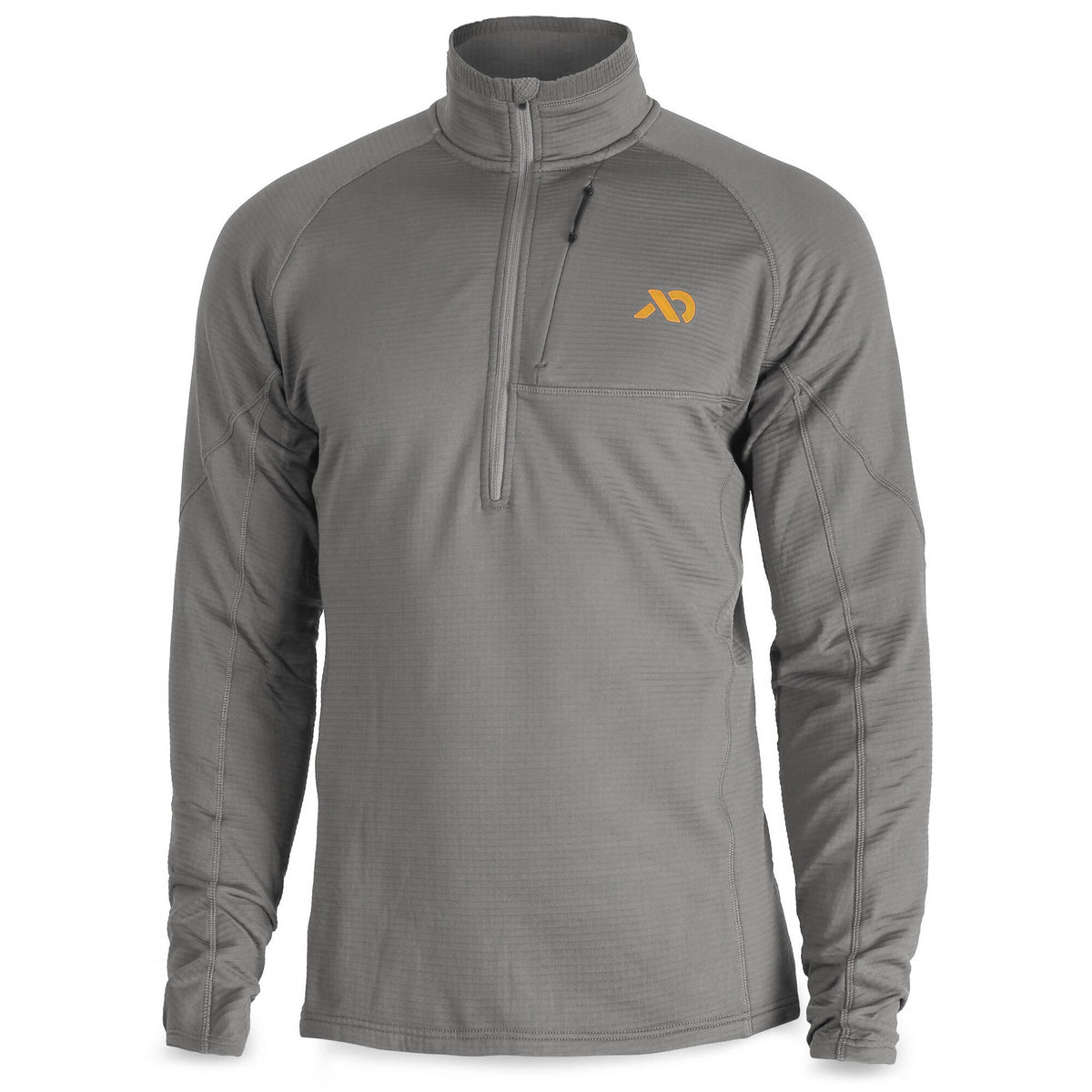 Grey long-sleeve quarter-zip shirt with raglan sleeves, a textured fabric, a zippered chest pocket, and an orange logo.