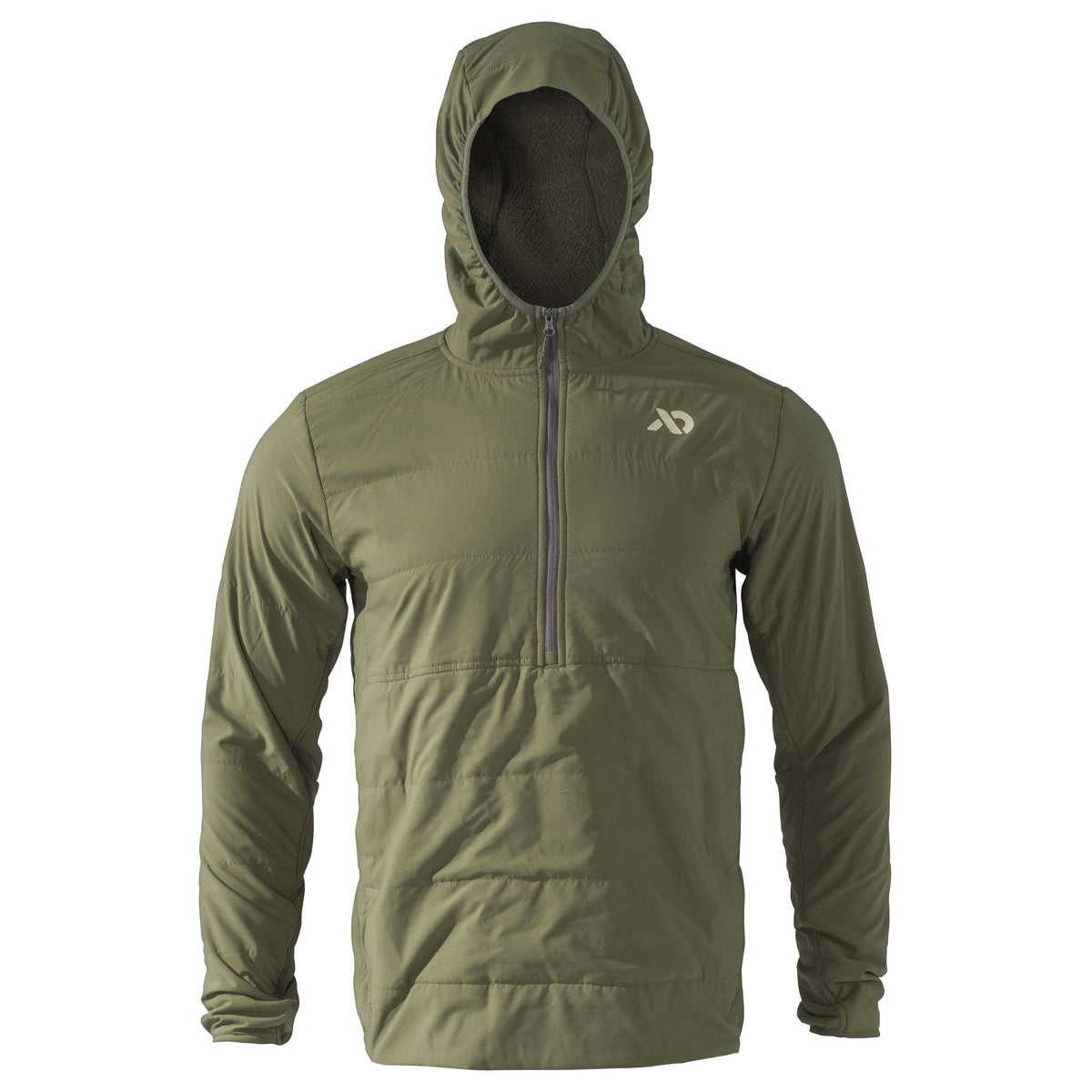 Olive green hooded half-zip jacket with a quilted body, smooth sleeves, and a light-colored chest logo.