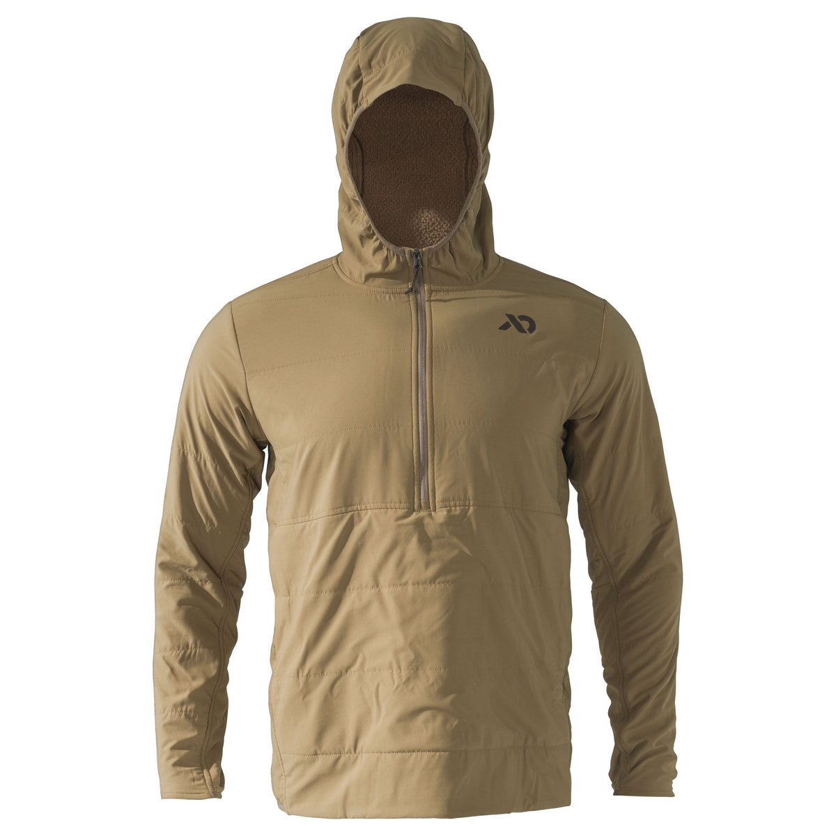 Tan quarter-zip hooded jacket with quilted body and fuzzy brown hood lining.
