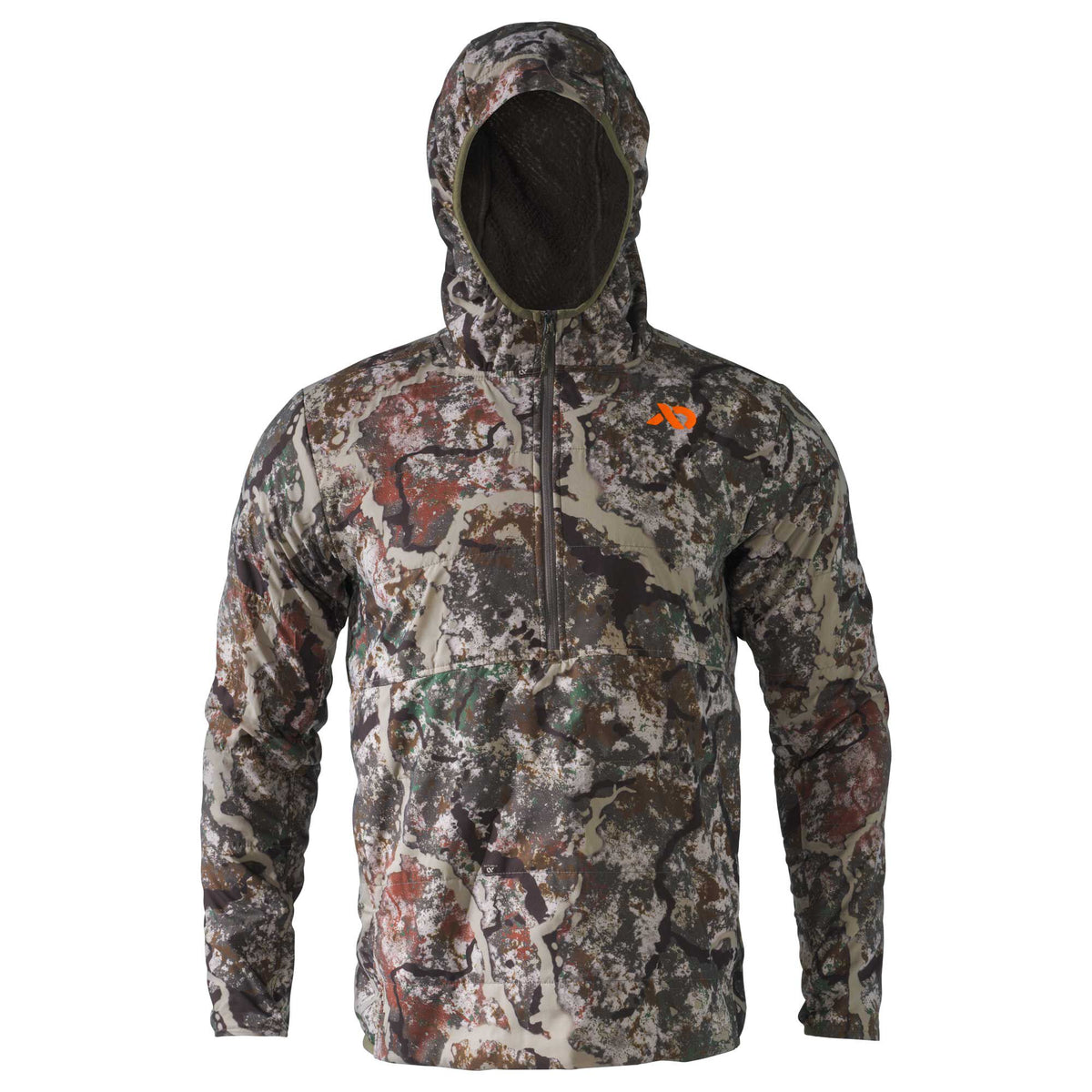 Camouflage hooded pullover jacket with a quarter-zip front and an orange chest logo.