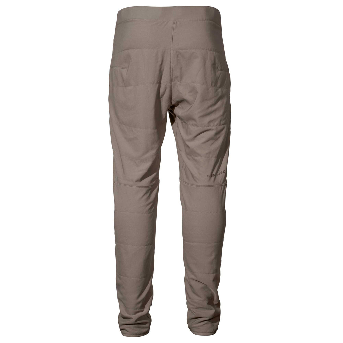 Back view of taupe insulated pants with horizontal quilting, two back pockets, gathered cuffs, and a First Lite logo.