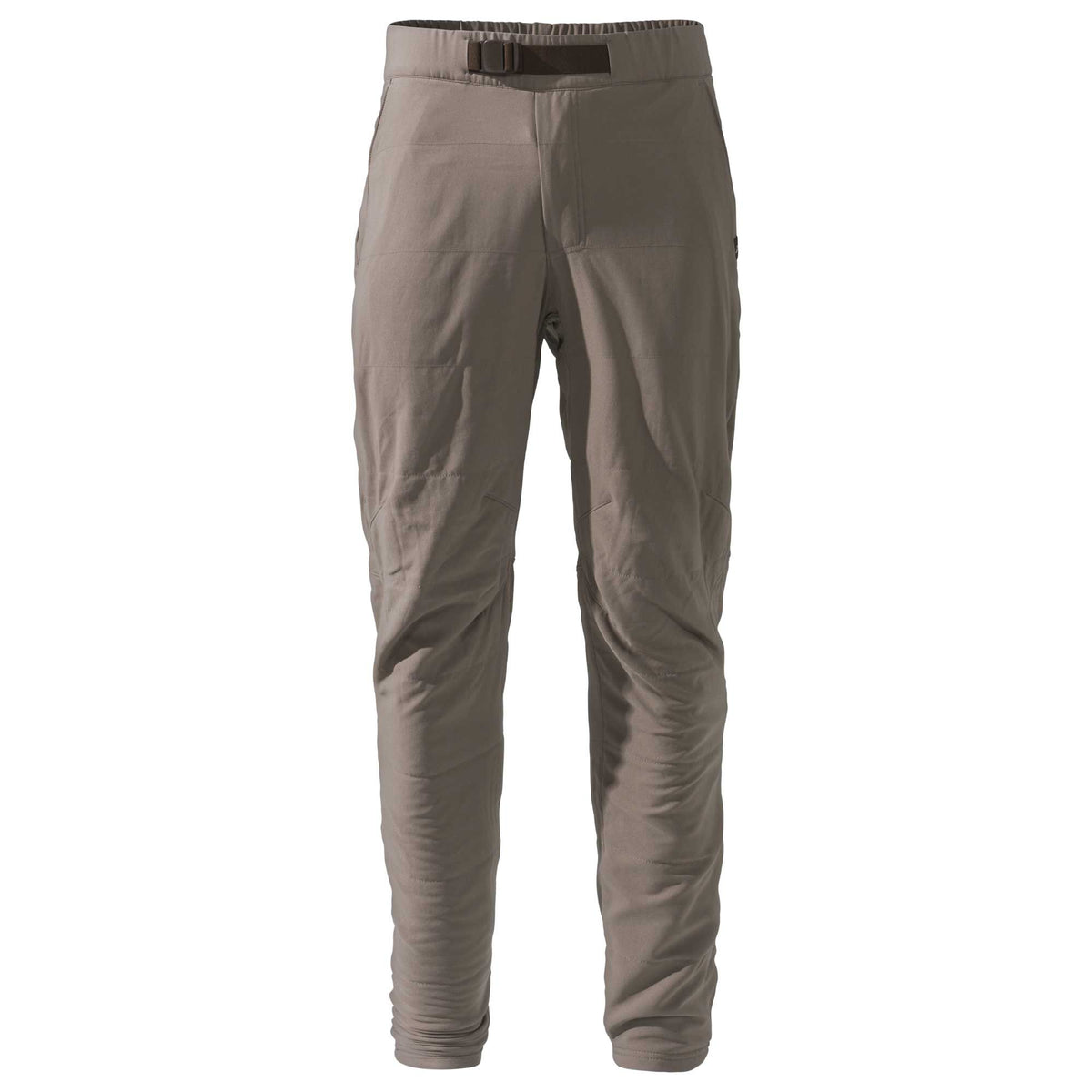 Taupe quilted pants with an elastic waistband and integrated dark brown web belt.
