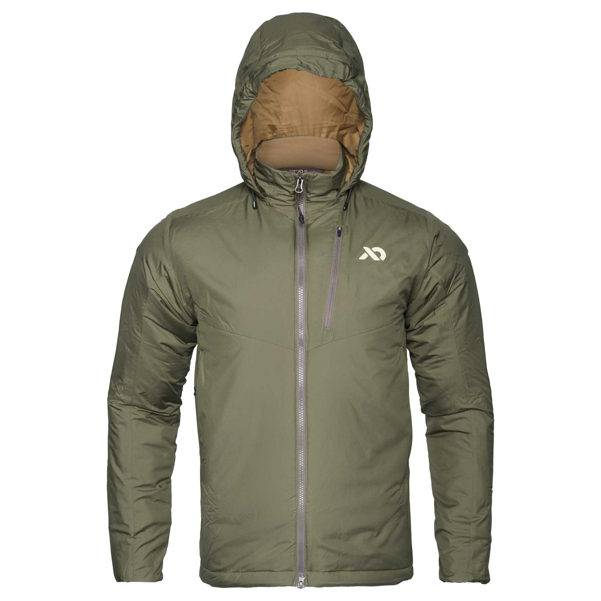Olive green hooded insulated jacket with a full front zipper and a zippered chest pocket.