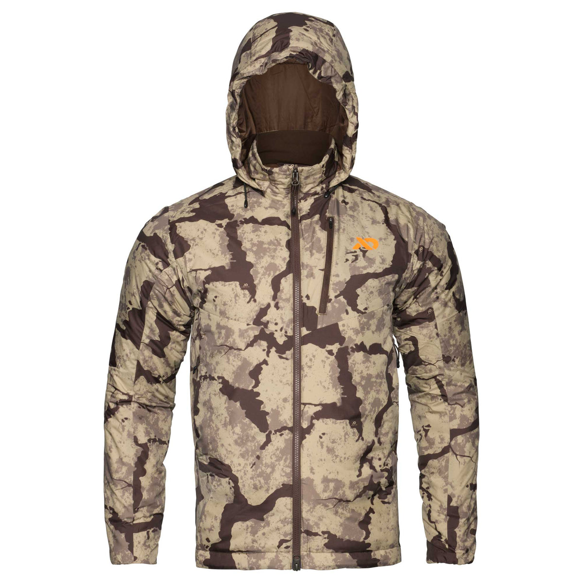 Men's hooded jacket in tan and dark brown camouflage pattern with a full zipper, a vertical zippered chest pocket, and an orange logo.