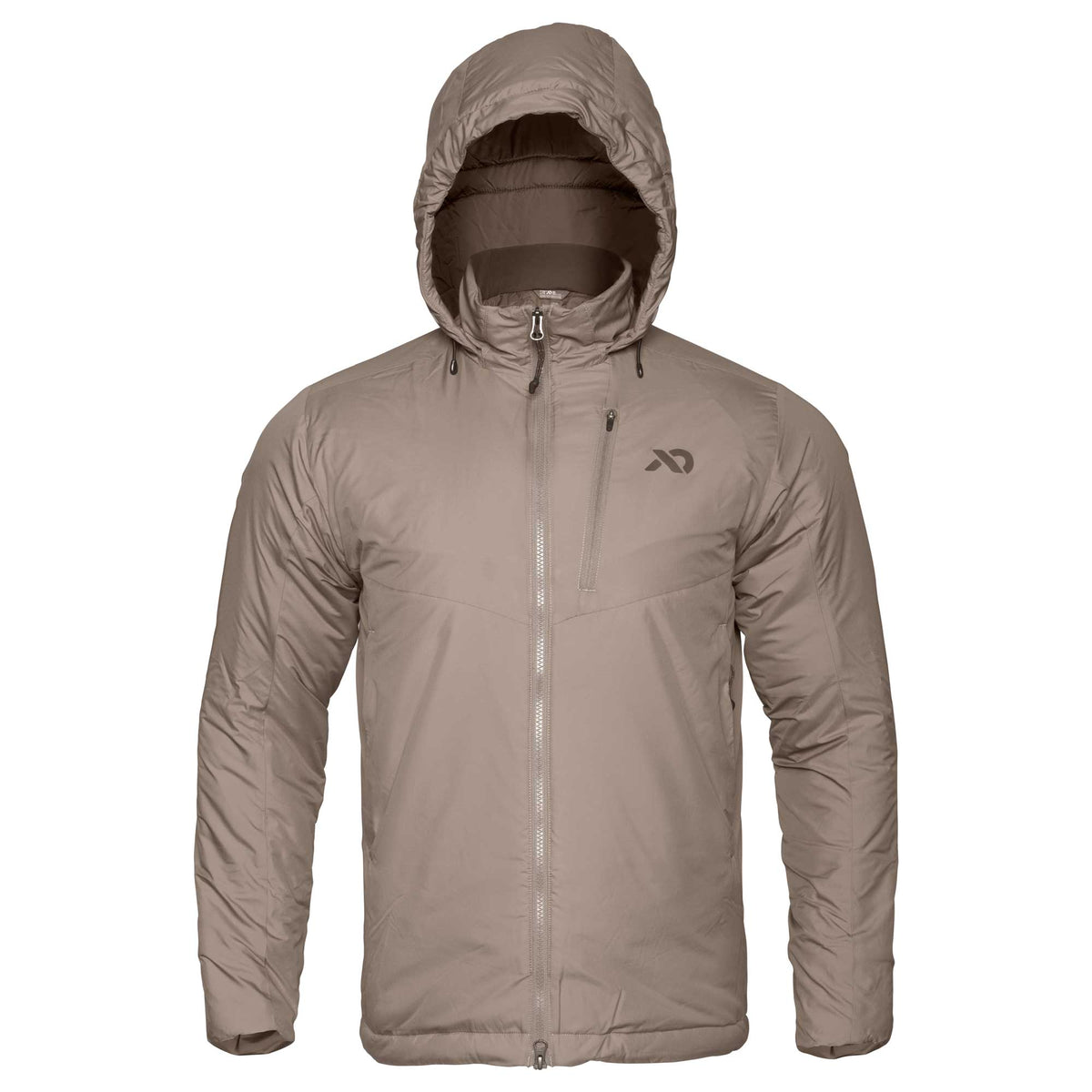 Tan hooded insulated jacket with a full front zipper, a vertical chest pocket, and a dark logo on the chest.