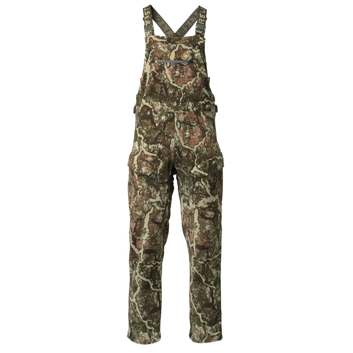 First Lite camouflage hunting bibs featuring a zippered chest pocket, zippered cargo pockets, and zippered leg openings.