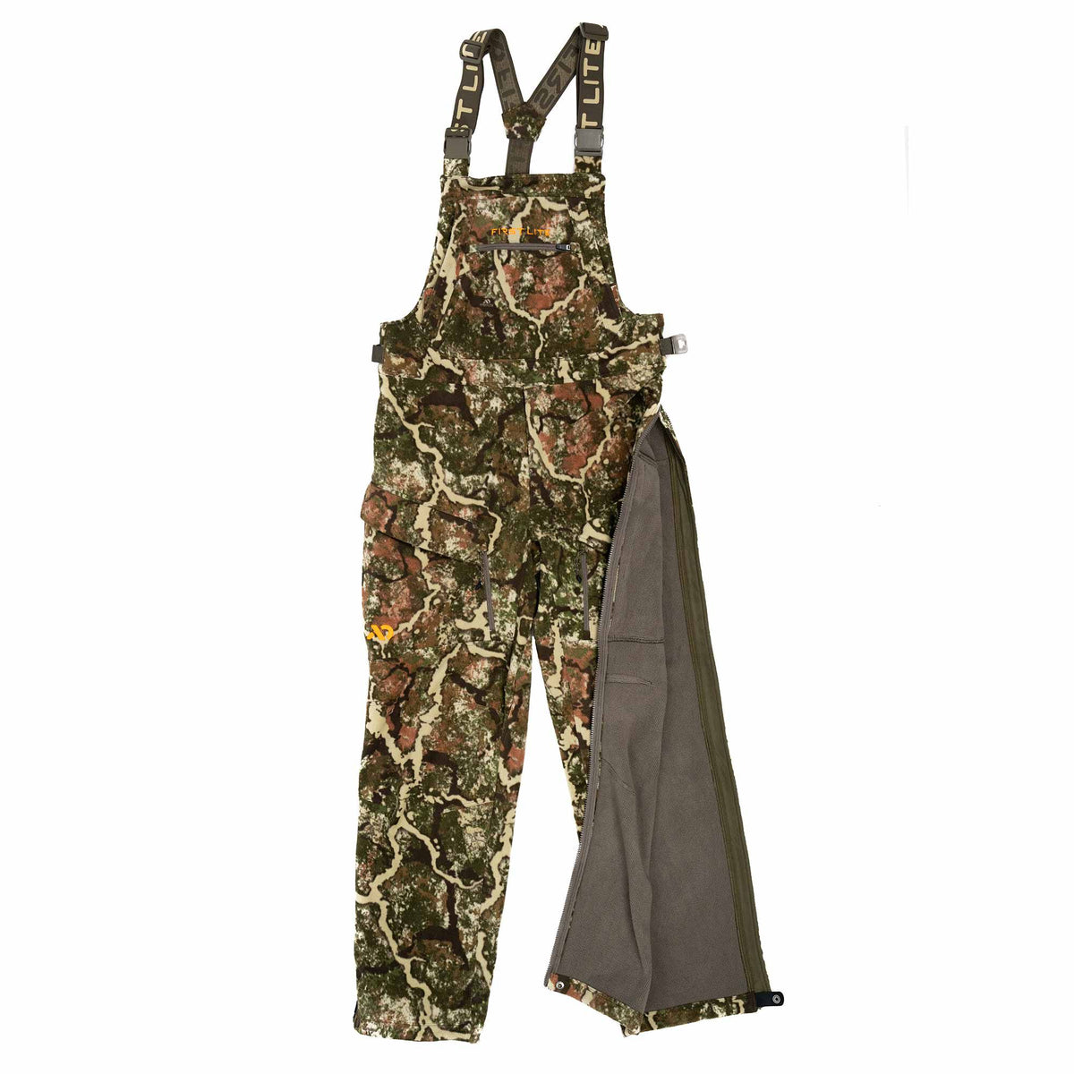 Moss green, tan, and brown camouflage bib overalls with wide suspenders, multiple front pockets, and a partially unzipped right leg revealing a dark gray lining.