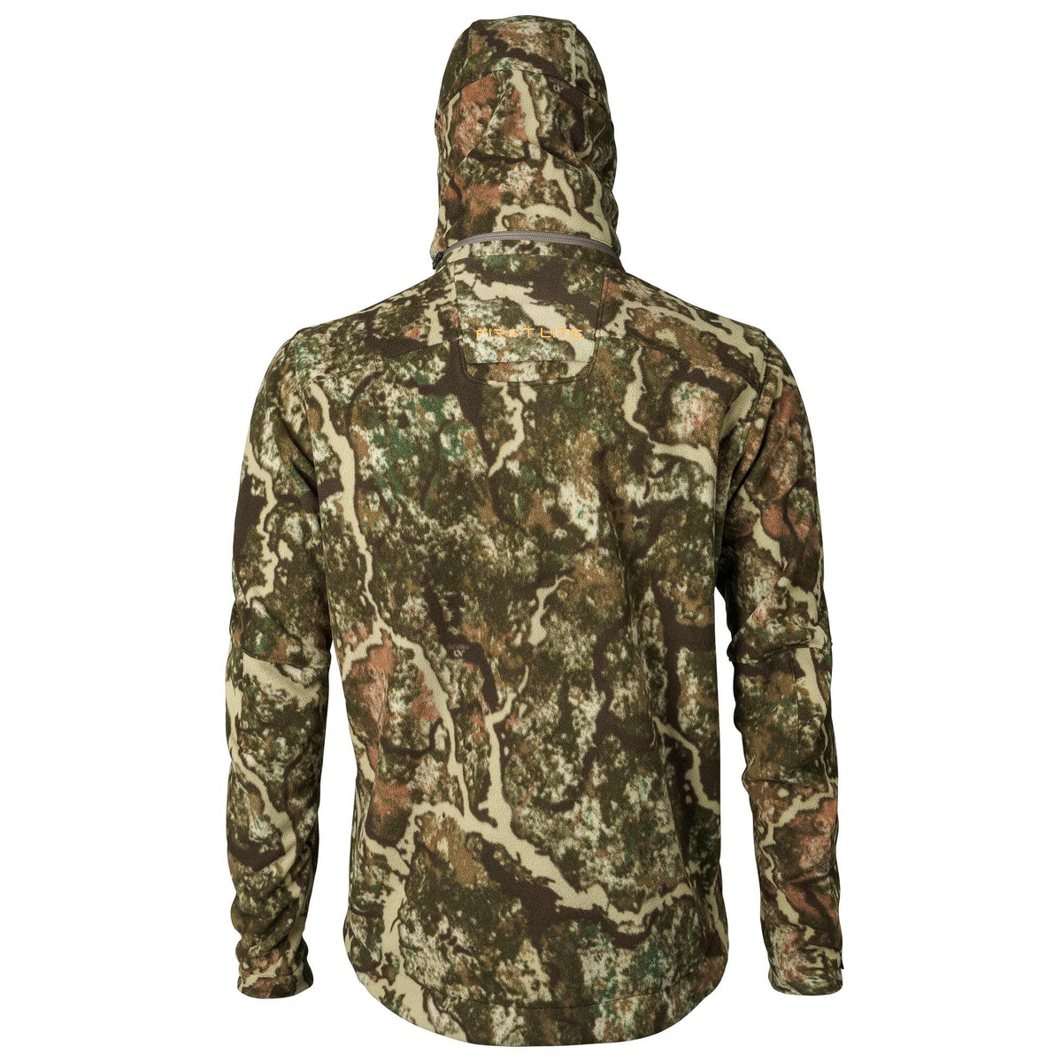 Back view of a hooded long-sleeve shirt in a green, brown, and tan camouflage pattern with a "FIRST LITE" logo on the upper back.