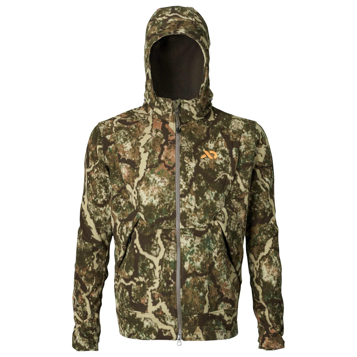 Camo print hooded jacket with full gray zipper and an orange logo on the left chest.