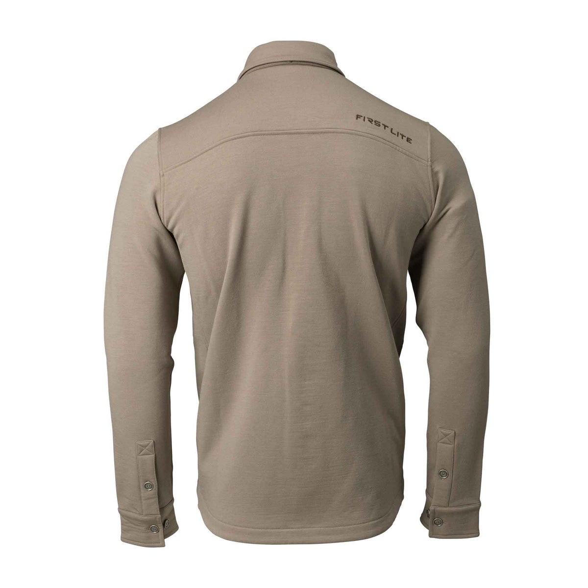 Back view of a tan long-sleeve collared shirt with "FIRST LITE" logo on the upper back and buttoned cuffs.
