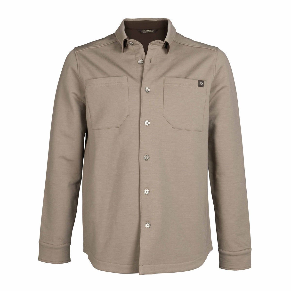 Taupe long-sleeved button-down shirt with a dark inner collar, two chest pockets, and a small logo on the left pocket.