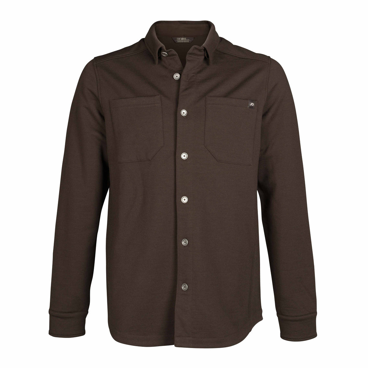 Dark brown long-sleeved shirt with a button-down collar, silver-toned buttons, and two chest pockets with a logo on the left.