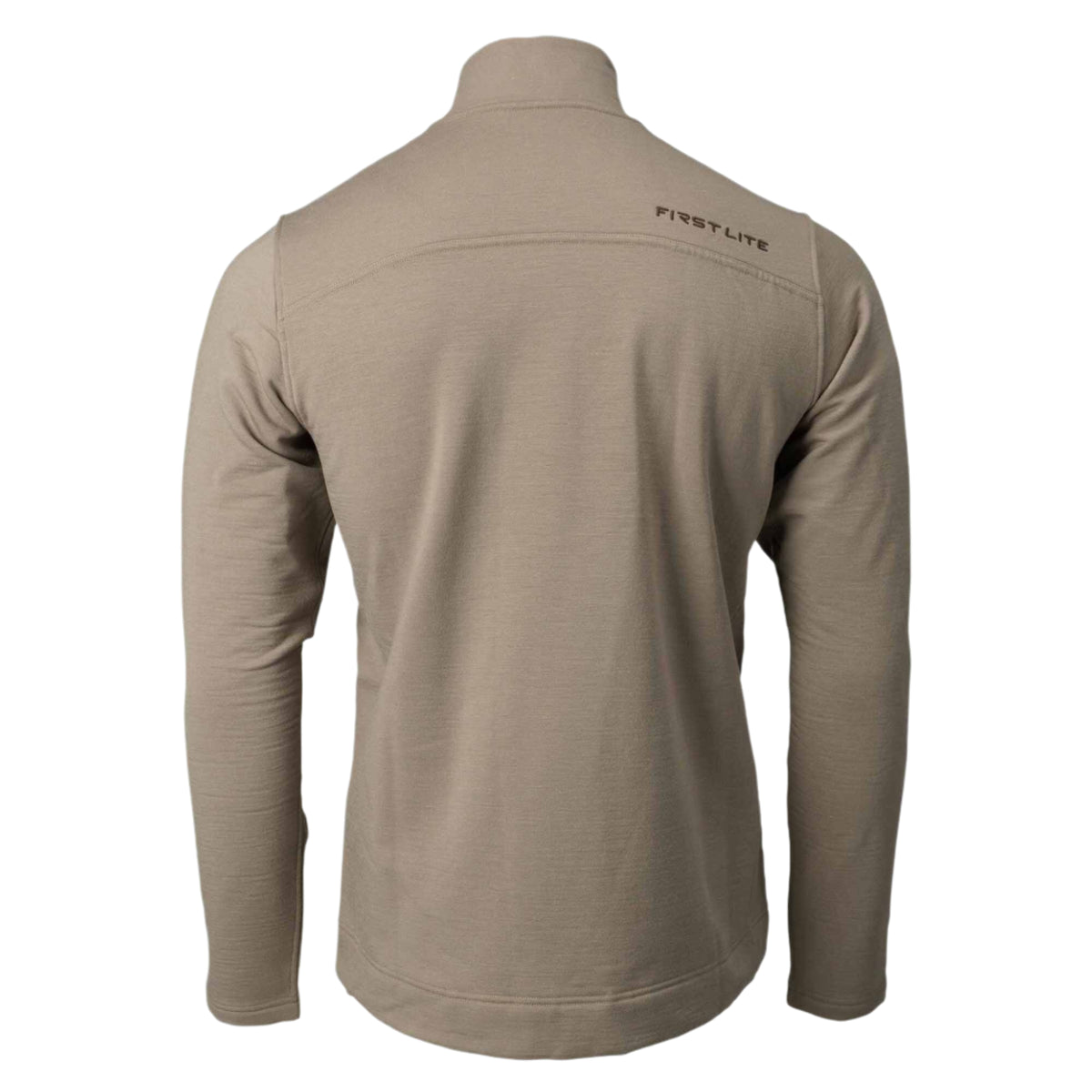 Back view of a tan long-sleeved top with a high collar, 'FIRST LITE' logo on the upper right back, and horizontal seam details.