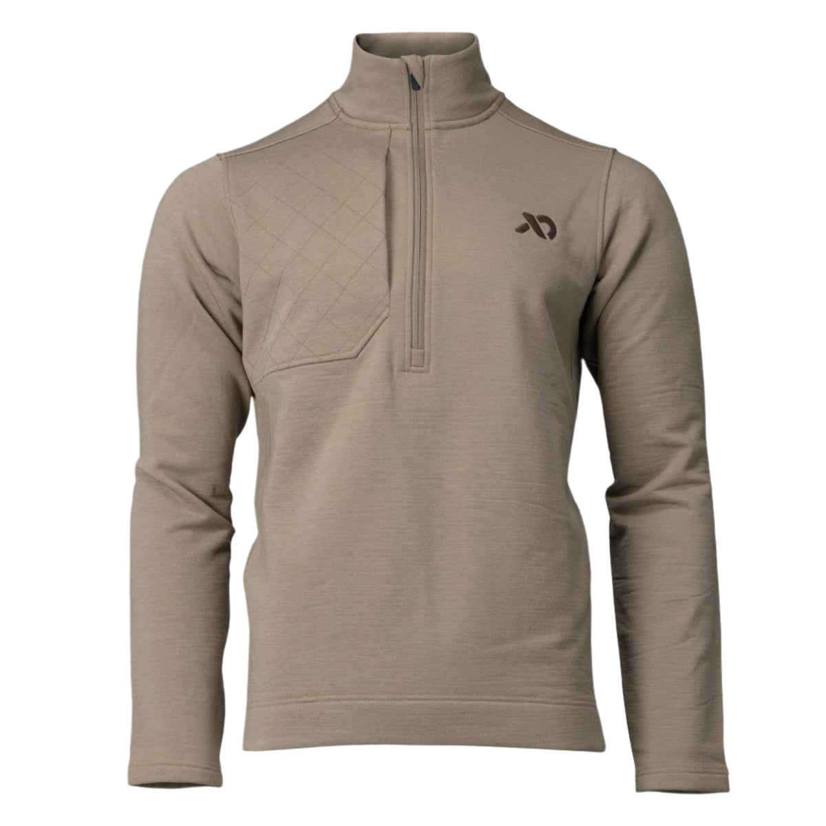 Tan quarter-zip pullover with a stand-up collar, a quilted diamond pattern on the left chest, and a subtle brand logo on the right chest.