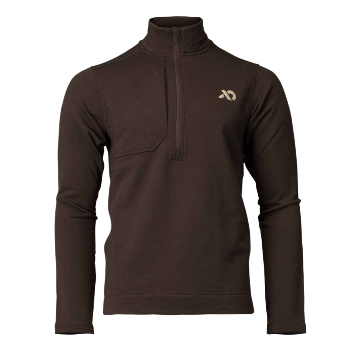 Dark brown long-sleeve quarter-zip shirt with a stand-up collar, quilted left chest panel, and a small gold-tan logo on the right chest.