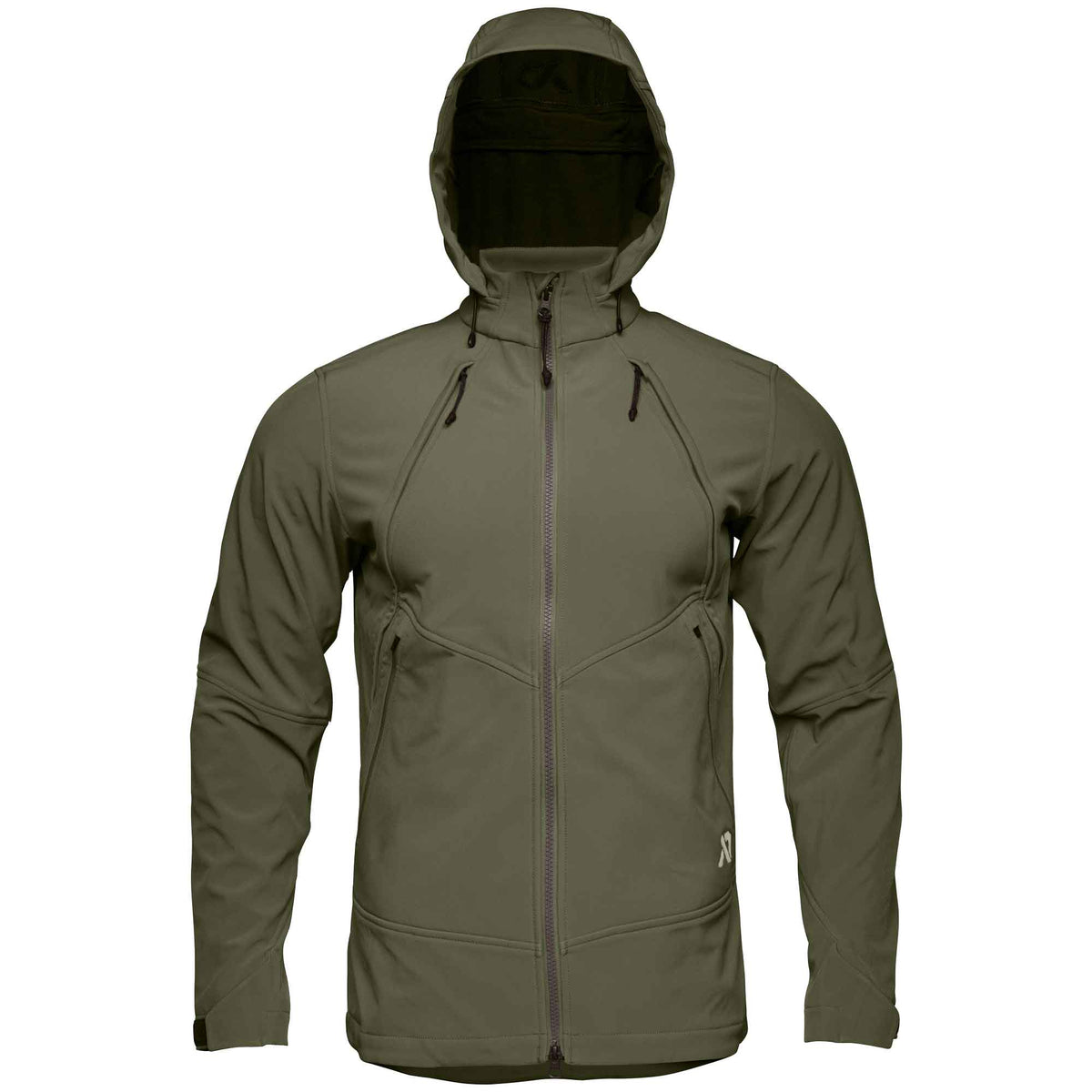 Olive green hooded jacket with a full front zipper, zippered chest and hand pockets, and a white logo on the right side.