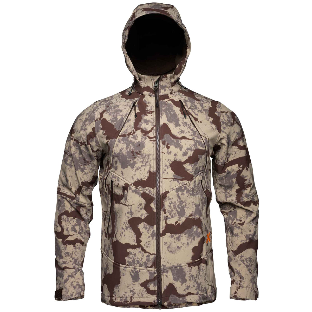 Brown and tan camouflage hooded jacket with a full-zip front and multiple zippered pockets.
