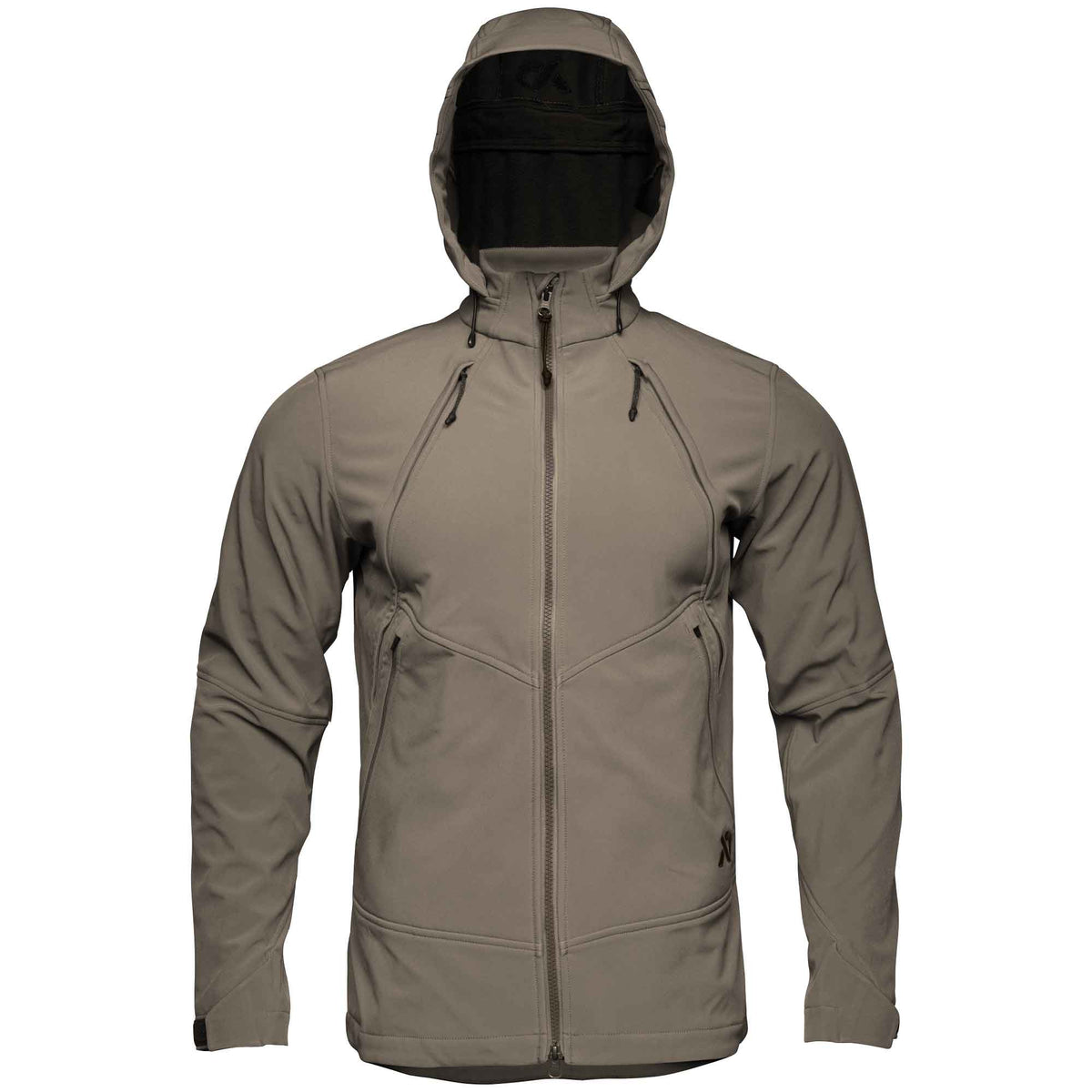 Earthy taupe hooded softshell jacket with a full front zipper and four zippered pockets.