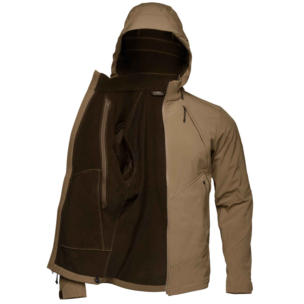 Coyote brown hooded jacket, partially unzipped revealing a dark brown fleece lining and multiple zippered pockets.