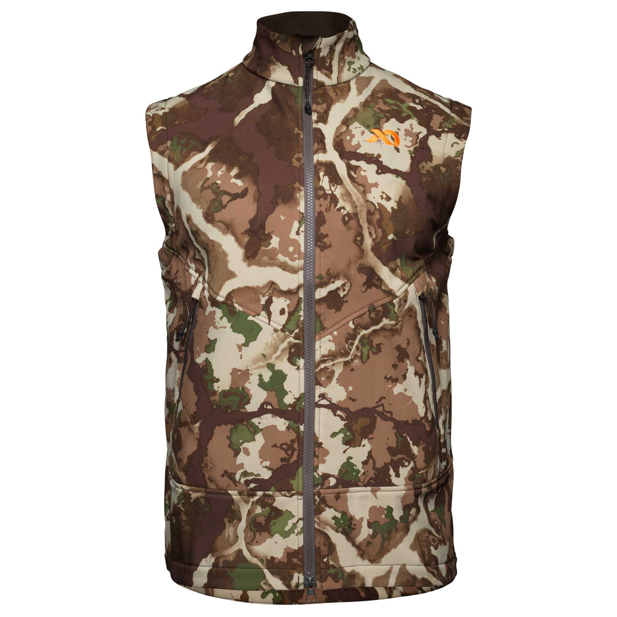 Men's camouflage hunting vest with full-zip front, high collar, two zippered pockets, and an orange logo on the left chest.