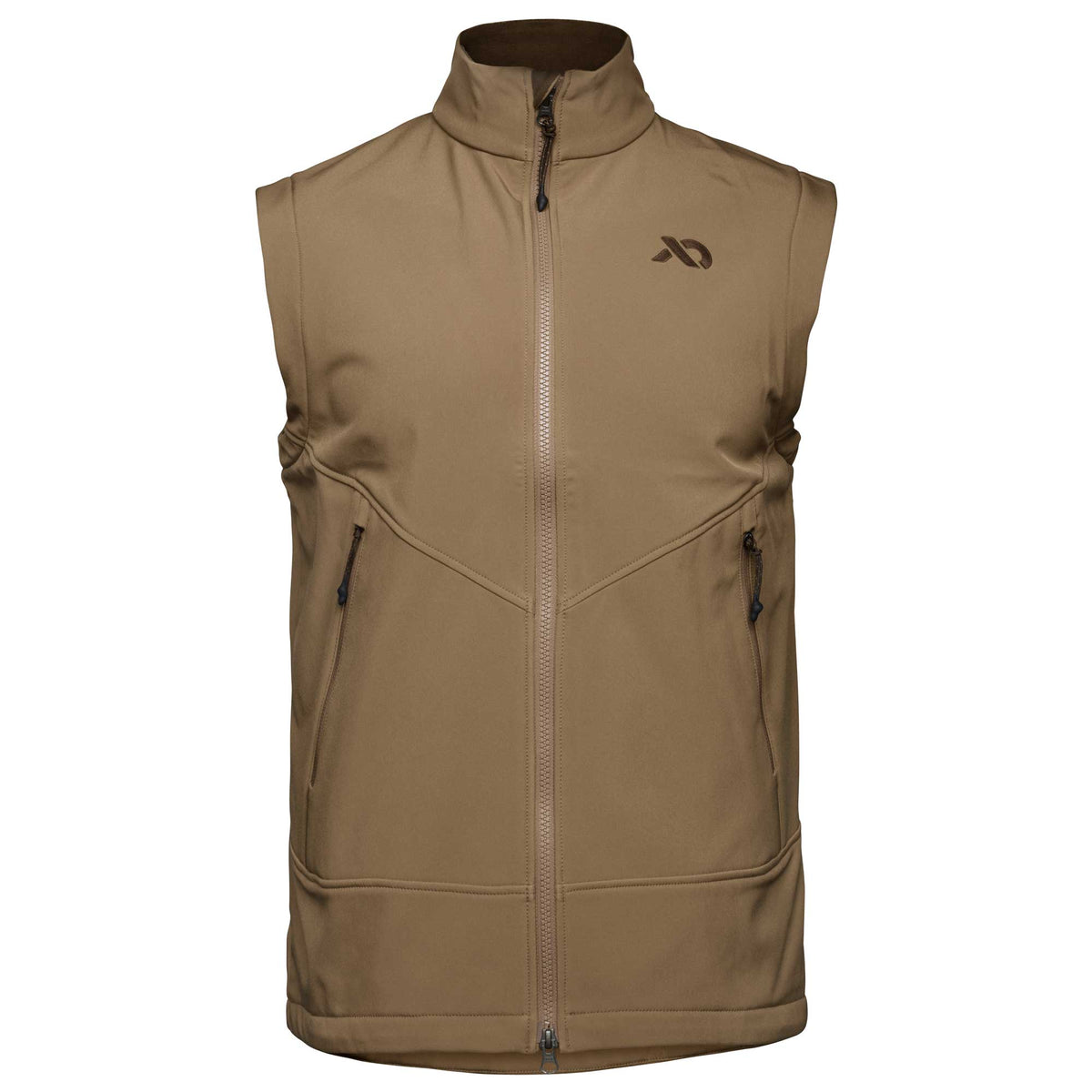Coyote brown sleeveless vest with a full-zip front, stand-up collar, two zippered hand pockets, and a dark logo on the left chest.