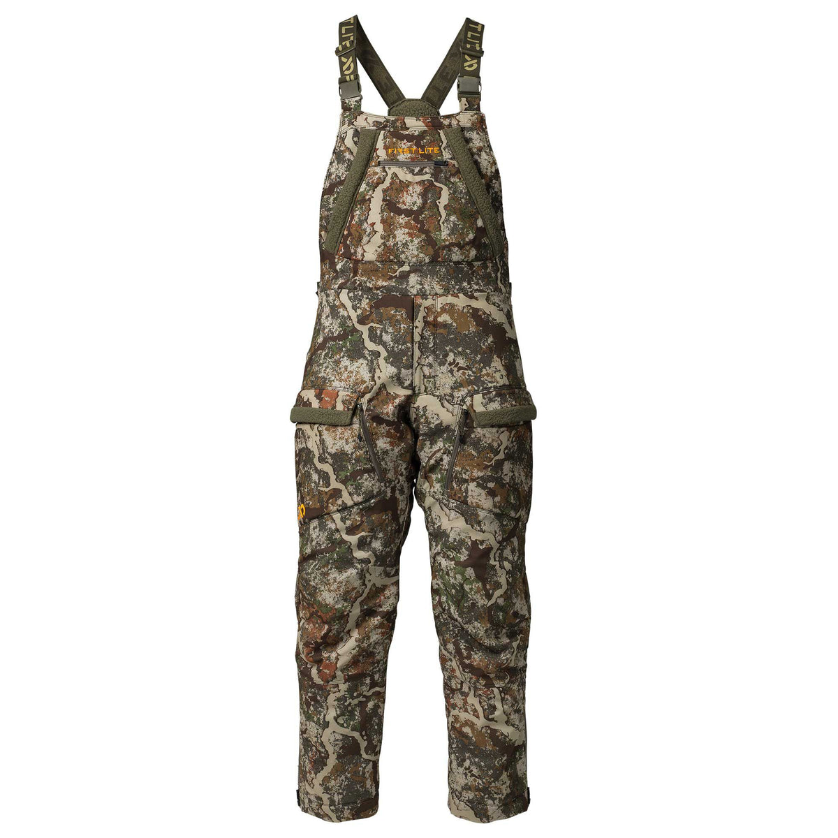 First Lite Specter camouflage hunting bibs with olive green adjustable straps, a zippered chest pocket, and hand warmer pockets.