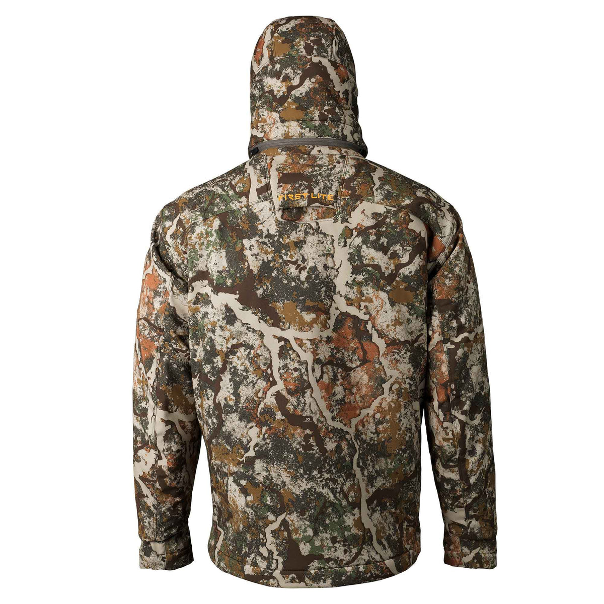 Back view of a hooded jacket in a brown, green, tan, and orange camouflage pattern, with "FIRST LITE" text on the back.