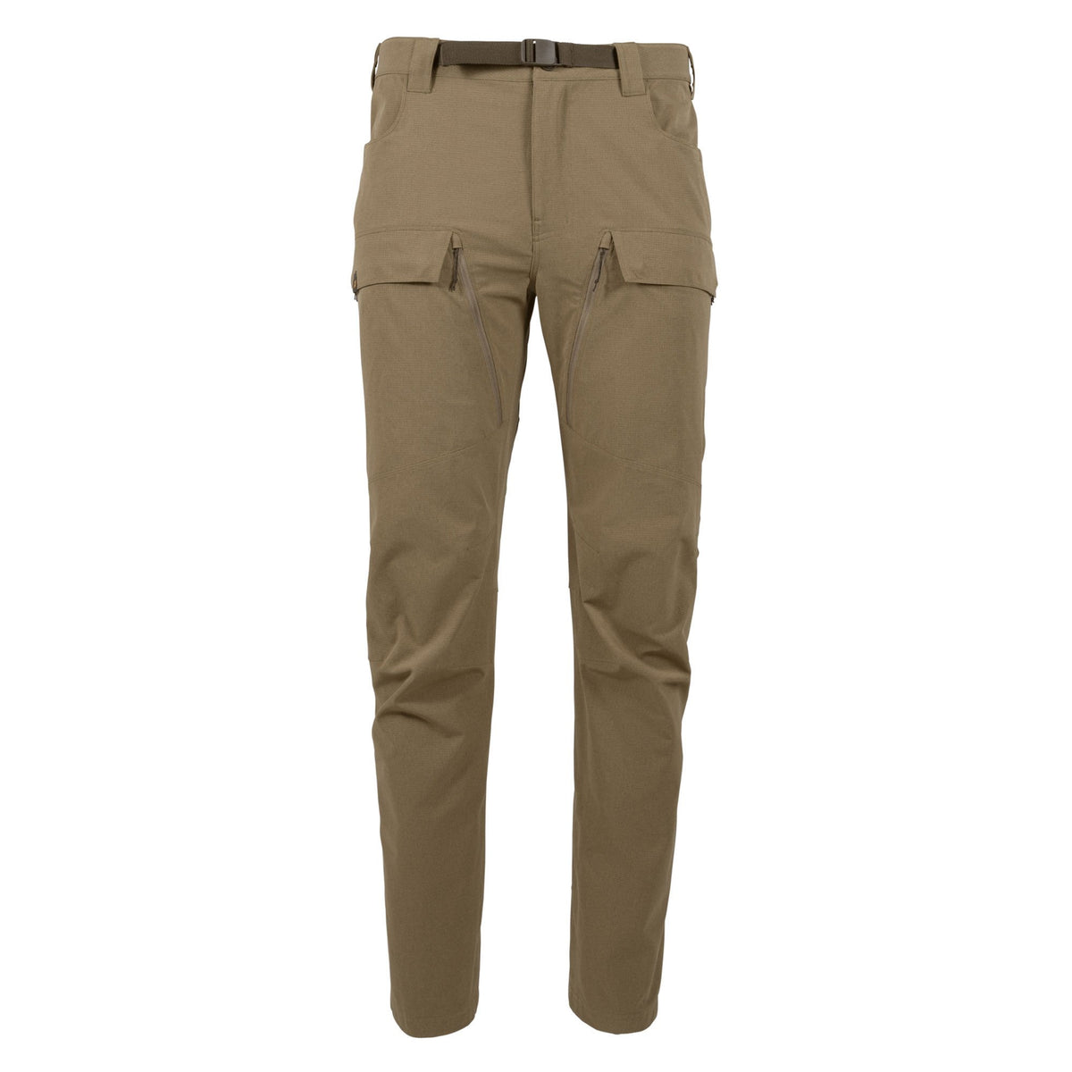 Khaki tactical pants with an integrated belt, zippered cargo pockets, diagonal front zippers, and knee panels.