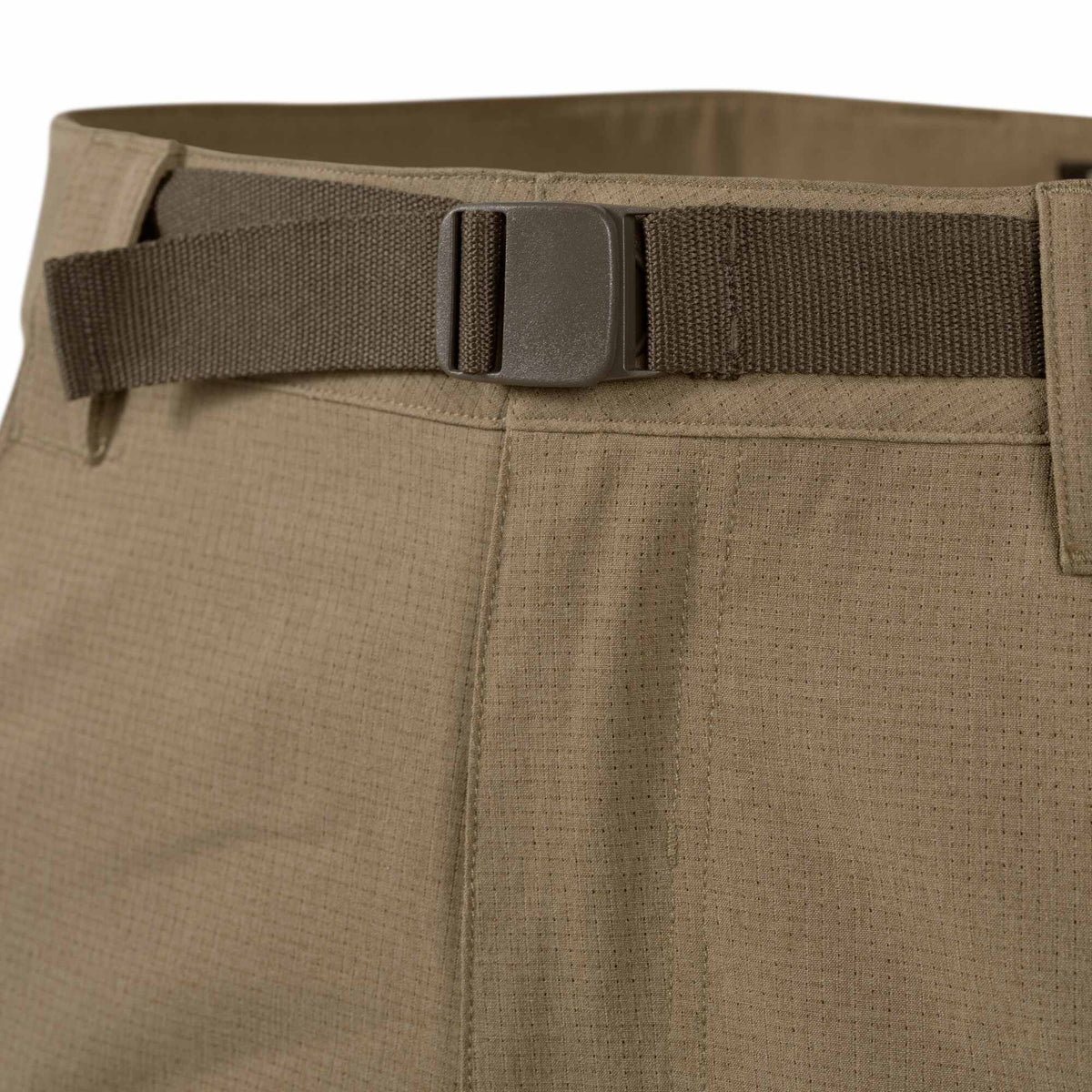 Tan pants with a perforated fabric texture, featuring a dark brown webbed belt with a plastic buckle.